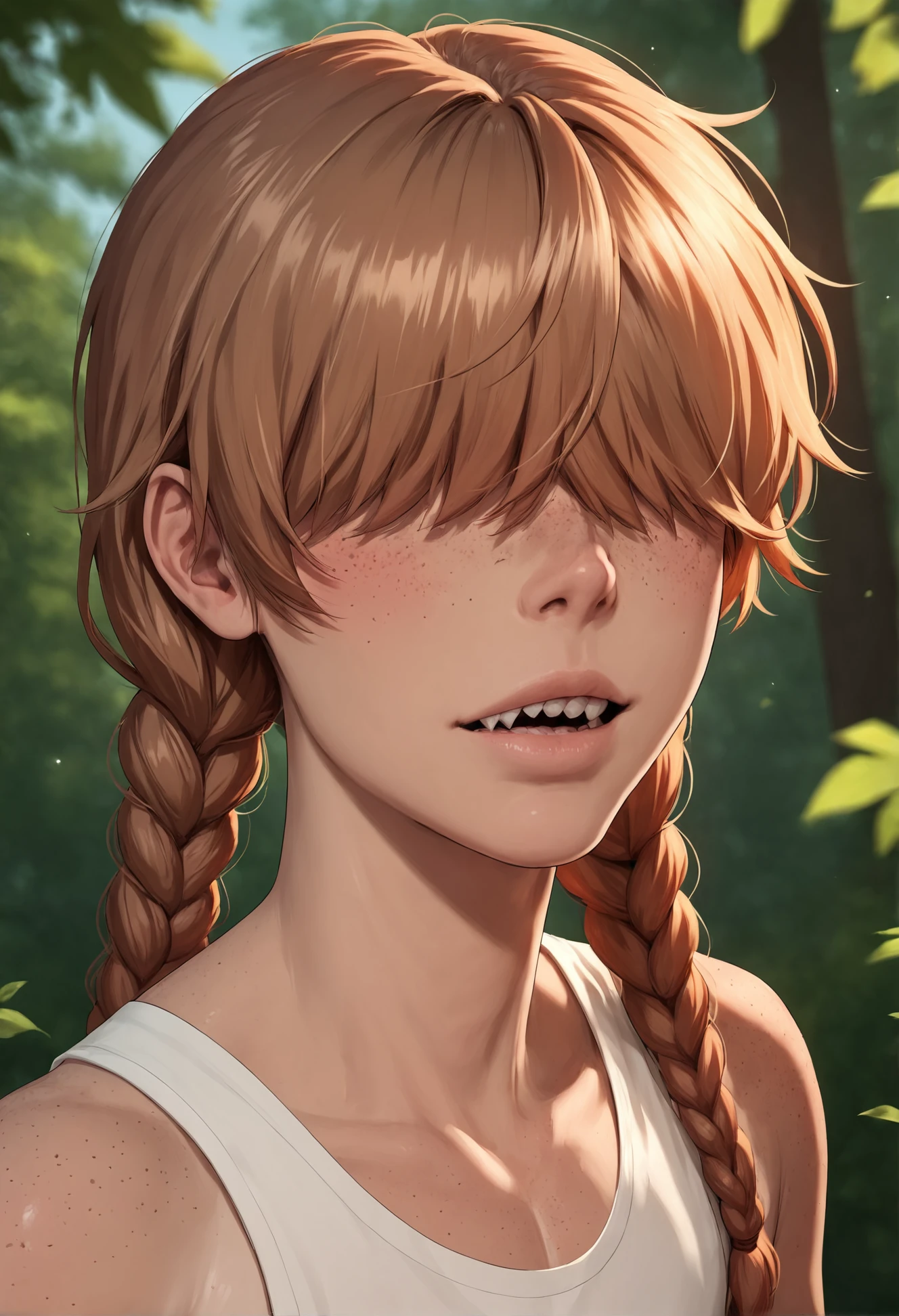 score_9, score_8_up, score_7_up, realistic, middle range shot, dramatic lighting, 
 <lora:Ellie:.7> ellie, femboy, hair covers eyes, braids, pigtails, twin braids, freckles, tan, 1boy
, solo, teeth, sharp teeth, 
standing,
looking at viewer, 
woodland background, trees,, score_9, score_8_up, score_7_up, intricate details, rating_safe, fantasy setting,
depth of field, detailed background,
<lora:ral-chrosc-clr:0.5>, ral-chrosc-clr,
<lora:Expressive_H:0.5>, expessiveH,
<lora:xl_more_art-full_v1:0.3>,
<lora:add-detail-xl:0.3>