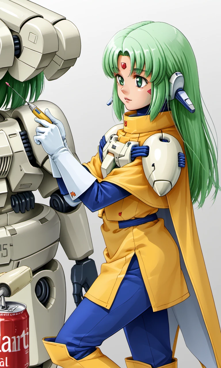 hangar, oil can, screwdriver, technical maintenance, from side, robot joints, furena, 1girl, gynoid, green eyes, green hair, long hair, robot ears, forehead crystal, yellow tunic, white shoulder pads, blue sleeves, white gloves, yellow cape, blue pants, yellow thigh boots, 