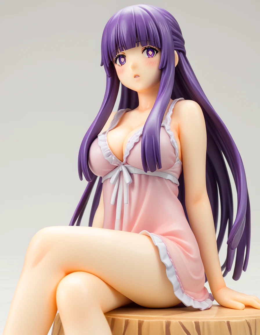 score_9, score_8_up, score_7_up, source_anime, <lora:fern-s1-ponyxl-lora-nochekaiser:0.5>, fern, long hair, bangs, purple eyes, purple hair, sidelocks, blunt bangs, bright pupils, half updo, large breasts, <lora:kotobukiya-figurines-ponyxl-lora-nochekaiser:1>, kotobukiya figurines, 1girl, solo,, sitting, wariza, w legs, blush, parted lips, <lora:negligee-ponyxl-lora-nochekaiser:1>, negligee, sleeveless, underwear,,