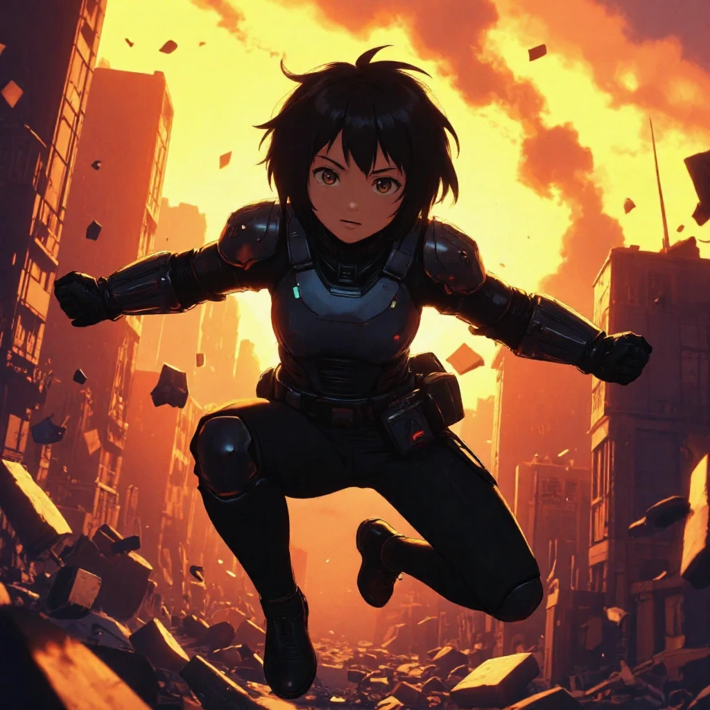 A dramatic anime-style illustration featuring a young girl with spiky black hair and large, expressive eyes, dressed in a futuristic, armored outfit. She's mid-leap amidst a chaotic urban battlefield, with crumbling buildings and debris flying around. The sky is ablaze with a fiery orange and yellow sunset, casting a dramatic glow over the scene. The girl's determined expression and dynamic pose suggest she's in the midst of an intense battle. The detailed, dynamic art style emphasizes motion and urgency, with intricate shading and texture work.