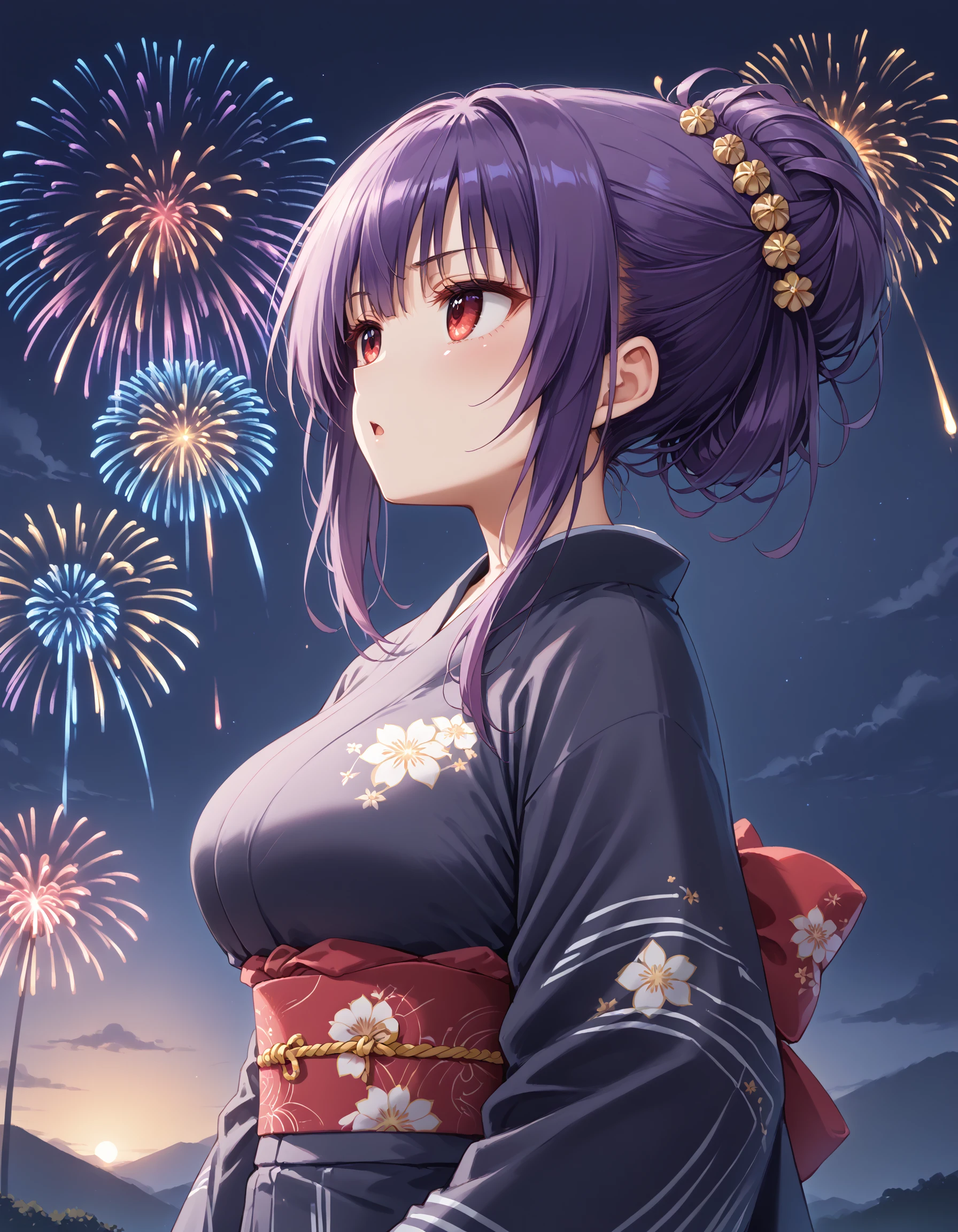 score_9, score_8_up, score_7_up, source_anime, highres, solo, solo focus, 1girl, upper body, night, fireworks, looking up at sky, standing, from side, <lora:takasu-miyabi_Prima_Stella_Atelier_Kaguya:0.5> miyabi, purple hair, red eyes, large breasts,
BREAK hair up, updo, hair ornament, impressed, moist eyes, feel so good, Harf-opened mouth
BREAK <lora:[clothes]colorkimonoPony:0.8> yukata, black yukata, wide sleeves, long sleeves, obi, sash, fireworks print yukata,