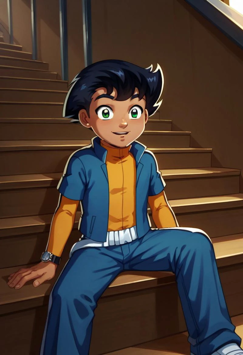 score_9, score_8_up, score_7_up, highly detailed, cute boy, 1boy, solo, Tony_Clark, Black Hair, Green Eyes, Dark Skin, Blue Jacket, Yellow Shirt, Watch, Blue Pants, Belt, sitting on stairs