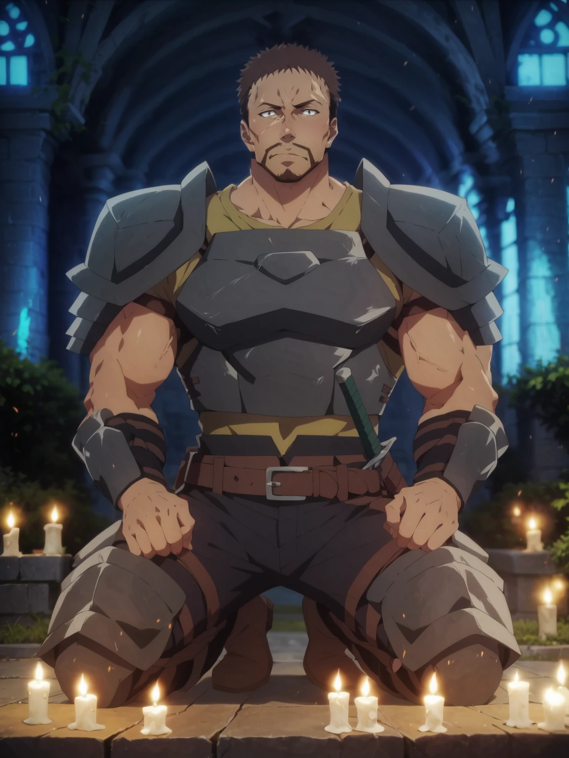 score_9,score_7_up,score_6_up,score_5_up,score_4_up, 1boy, solo, bara, muscular male, beard, kneeling, straight-on, armor, cloak, perfect anatomy, perfect proportions, best quality, masterpiece, high_resolution, high quality, best aesthetic, incredibly absurdres, highres, extremely detailed, huge filesize, source_anime \(Let This Grieving Soul Retire!\), sharp shadows, direct lighting, vibrant colors, glow effect, bloom, edge color fringing, chromatic aberration, <lora:add-detail-xl:1>, <lora:Anime Summer Days 2 Style SDXL_LoRA_Pony Diffusion V6 XL:0.8>, <lora:Greg_Zangief_-_Let_This_Grieving_Soul_Retire:1>, Greg Zangief