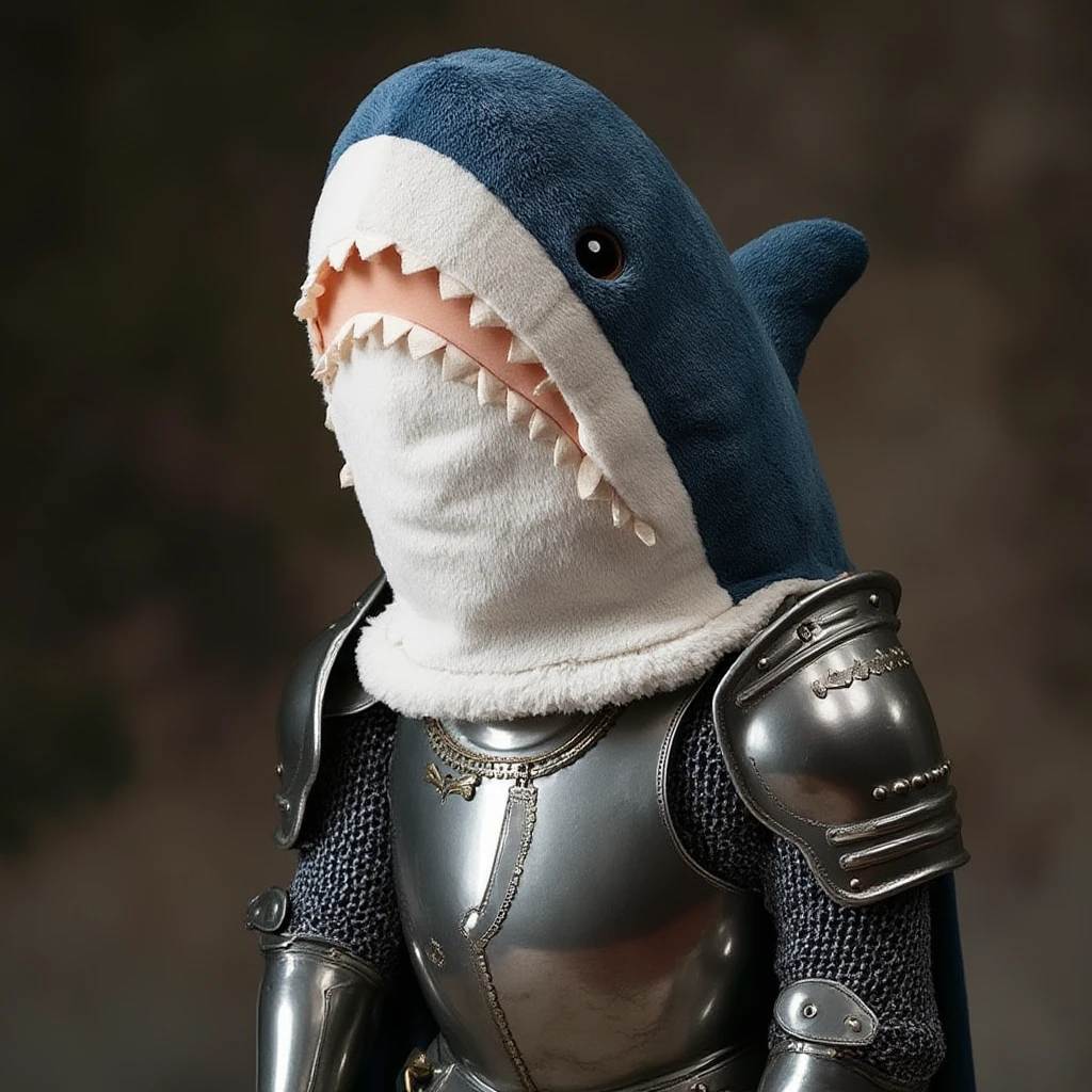 medieval portrait, knight-captain blahaj plush shark with blahaj plush shark head posing in shining armor