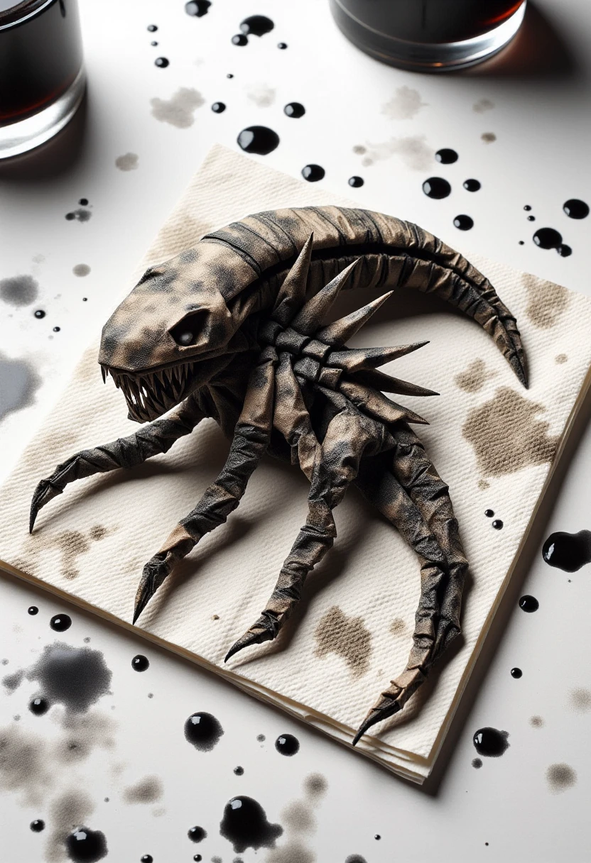 <lora:Napkin_Origami_Orchestrator_FLUX:0.8>
This is a photograph featuring a xenomorph made from a single paper napkin. The xenomorph is intricately folded with a white base color, splattered with a variety of black stains, giving it a unique, artistic appearance with inkwells and black ink in the background.