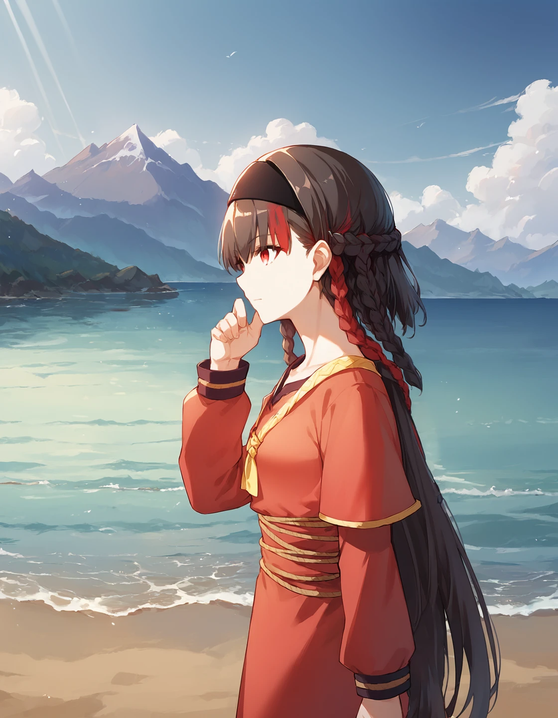 score_9, score_8_up, score_7_up, score_6_up, a girl standing in the shore with hand in hair, source_anime, 1girl, masterpiece, best quality, cinematic lighting, mgrcgunhild, upper body, medium shot, 1girl, black with red hair, multiple braids, red eyes, black hairband, red dress, yellow rope belt, yellow neck ribbon, outdoors, shore, mountains, hand in hair, (side view:0.8), <lora:mgrcgunhild_XL:0.9>