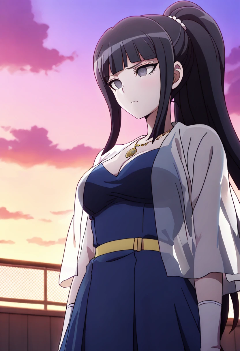 (((solo))),masterpiece, best quality, very aesthetic,  modern, modern anime, latest, best_quality, low angle , fearful expression , <lora:Mikako_Kurokawa_Illustrious:1>, This anime screencap is from Danganronpa the Animation. Mikako Kurokawa wearing her dress from Danganronpa Another. She's wearing a dark blue dress with a plunging V-neckline. She's wearing a short, shoulder length, translucent shawl over her shoulders. She has long white evening gloves on. The dress is accessorized with a yellow belt at the waist. She has her long black hair pulled back into a ponytail. She is also wearing a gold cross necklace. She has a pale face and sharp, black eyes. Bangs frame her face. Mikako Kurokawa sits on the academy rooftop at dawn, surrounded by spirit birds only she can see. She methodically arranges protective talismans while the spiritual avians carry messages between our world and the next.