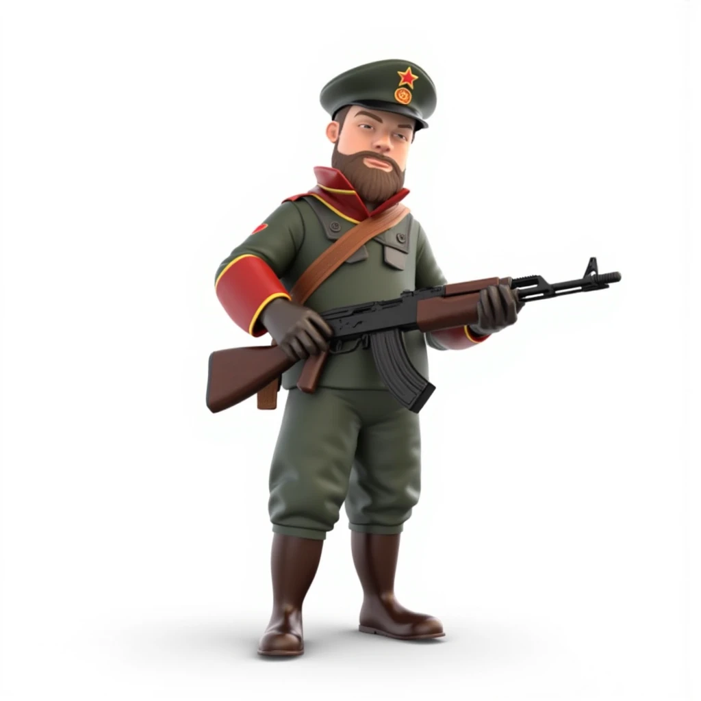 UHD, 4k, ultra detailed, cinematic, a photograph of <lora:Command and Conquer style Red Alert v1:0.8>
concept trooper, ak47, Union of Soviet Socialist Republics, Soviet, a cartoon soldier with a gun and a hat Soviet Forces, Soviet Army, Soviet Troops, Soviet Military, solo, simple background, 1boy, hat, white background, holding, standing, jacket, full body, weapon, male focus, boots, holding weapon, uniform, gun, military, military uniform, facial hair, holding gun, rifle, beard, assault rifle, trigger discipline, kalashnikov rifle, Command & Conquer, Red Alert style, Command and Conquer style, cold war, gloves, one eye closed, pants, brown footwear, helmet, camouflage, soldier
, epic, beautiful lighting, inpsiring