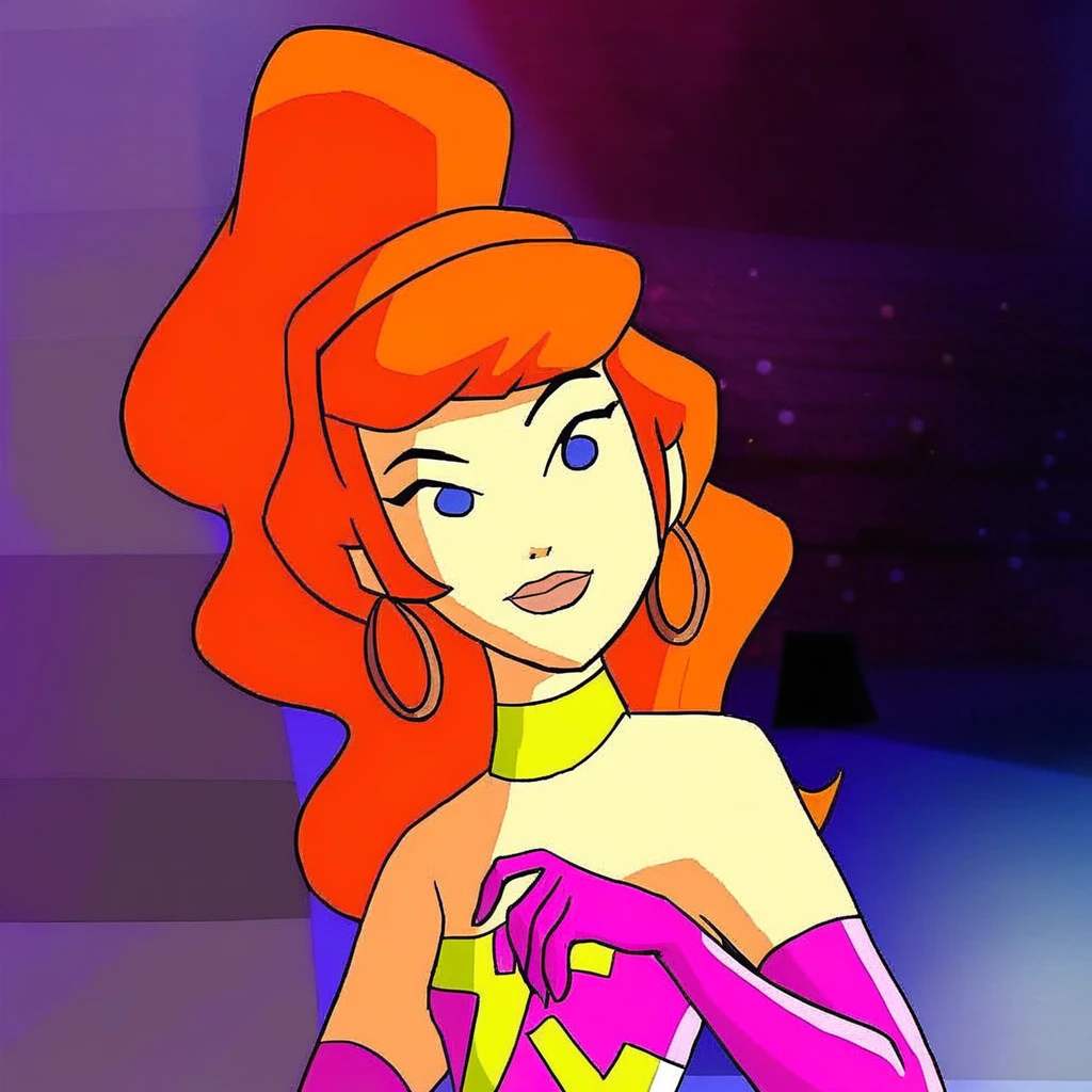and her lips are painted a deep pink, and she wears a headband of the same color. Her hair is styled with a slight wave and she has large, and she has a small, while her left hand points towards it., bright orange hair styled in a high ponytail, playful aesthetic. The central figure is a young woman with long, bright orange hair.