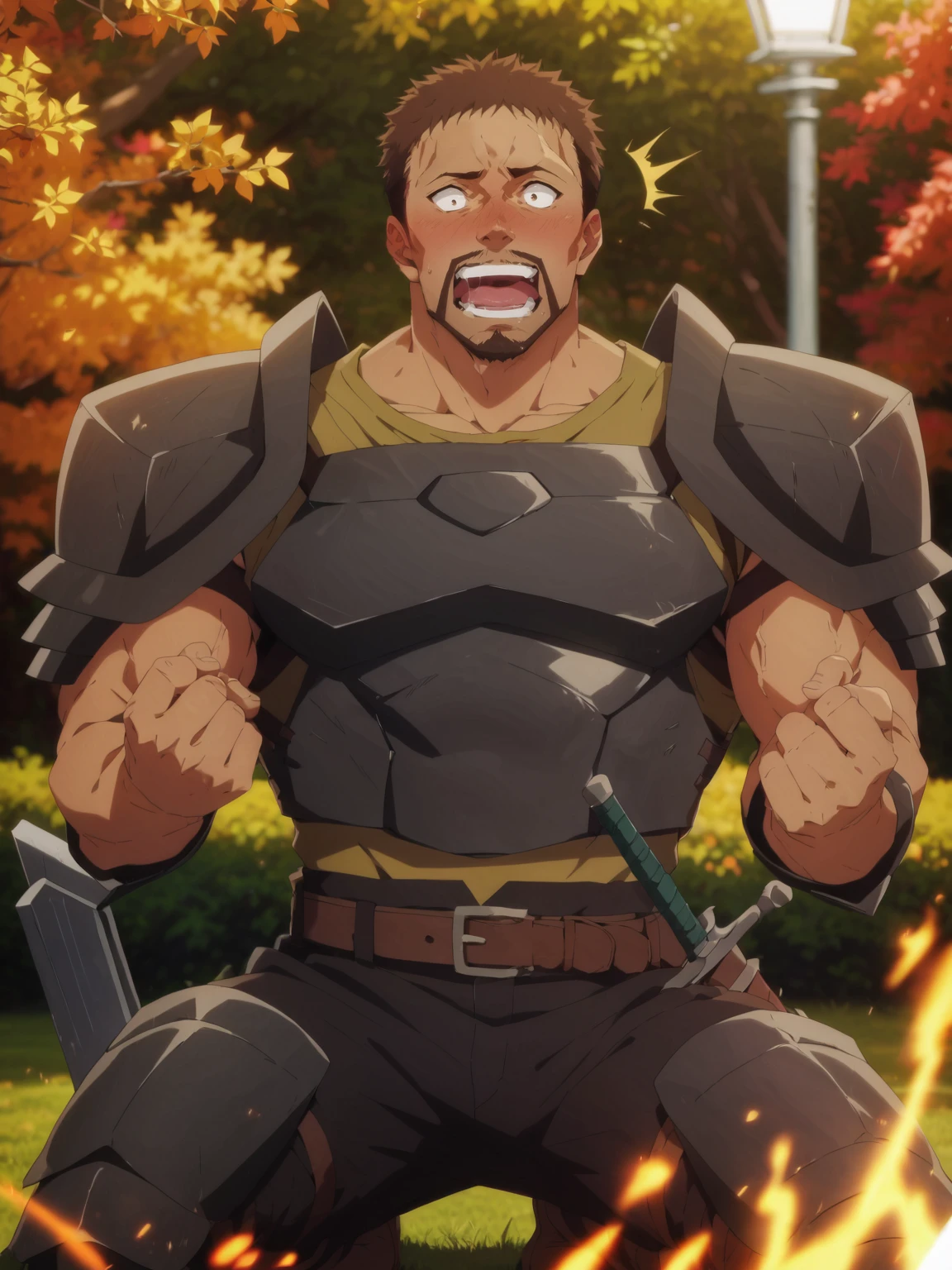 score_9,score_7_up,score_6_up,score_5_up,score_4_up, 1boy, solo, bara, muscular male, beard, ear blush, nose blush, orgasm, saliva, outdoors, happy, surprised, kneeling, straight-on, armor, perfect anatomy, perfect proportions, best quality, masterpiece, high_resolution, high quality, best aesthetic, incredibly absurdres, highres, extremely detailed, huge filesize, source_anime \(SAO\), sharp shadows, direct lighting, vibrant colors, glow effect, bloom, edge color fringing, chromatic aberration, <lora:add-detail-xl:1>, <lora:Anime Summer Days 2 Style SDXL_LoRA_Pony Diffusion V6 XL:0.8>, <lora:Greg_Zangief_-_Let_This_Grieving_Soul_Retire:1>, Greg Zangief