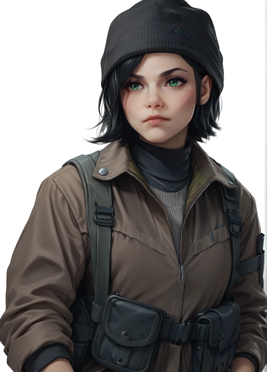 1girl, solo, cowboy shot, white background, codhelen, short hair, black hair, green eyes, mole, beanie, brown jacket, black turtleneck, black gloves, holster <lora:CoD_Helen-PONY:1>, score_9, score_8_up, score_7_up, score_6_up,