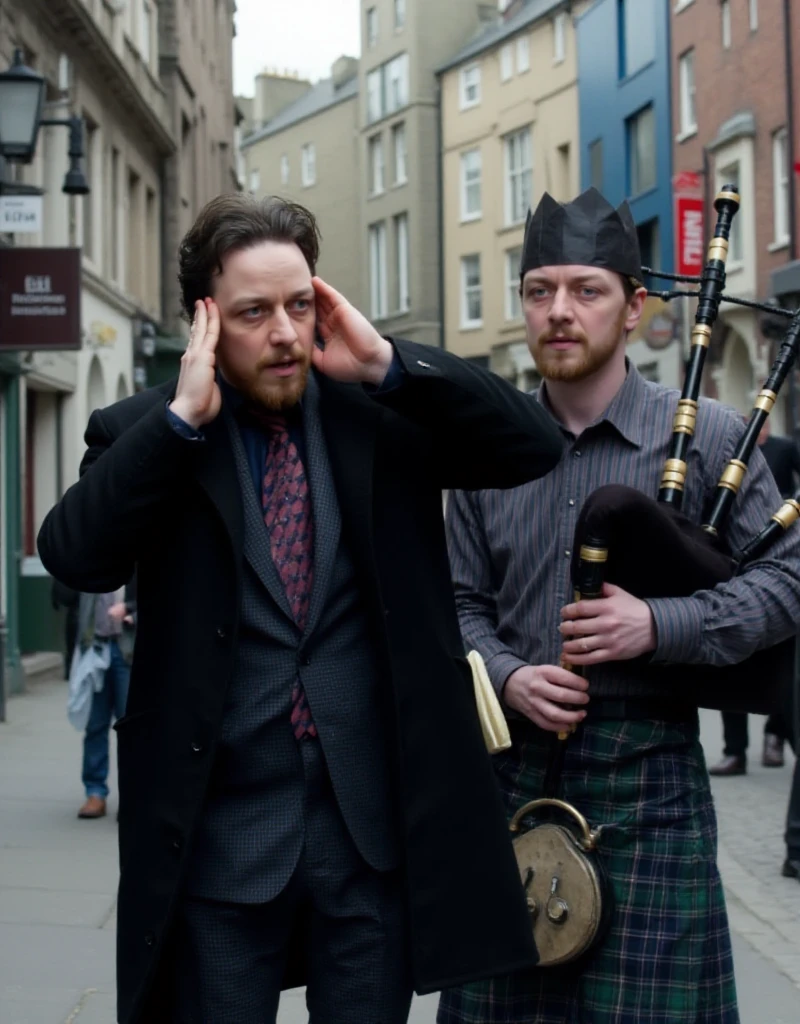 <lora:Bruce_Robertson:0.9> bruce robertson,  a man with facial hair, wears a necktie and a coat in the street and cover his ears next to a bagpipe player