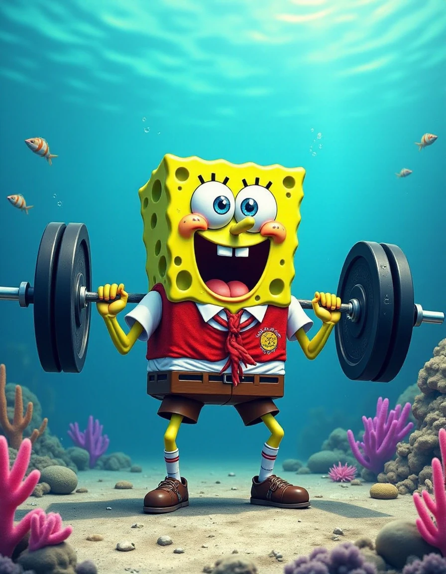 <lora:squ4t-step00000750:0.9> squ4t,  spongebob squatting with a barbell underwater muscular build, sport outfit, screaming, barbell behind the back