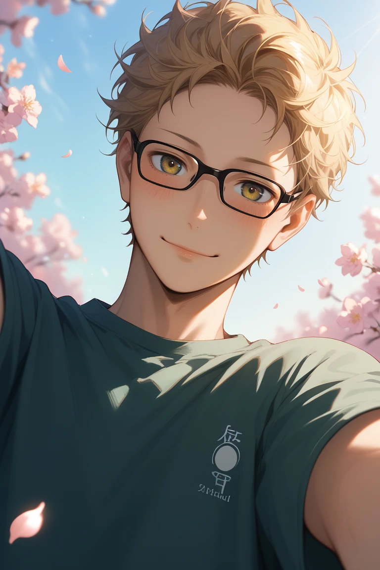 score_9, score_8_up, score_7_up, source_anime, rating_safe, day, natural lighting, spring theme, flowers, petals, male focus, selfie, outstretched arms, smiling, blushing, looking down at viewer, expressive face, KeiHU, blonde_KeiHU_short hair, black_KeiHU_glasses, brown_KeiHU_eyes, closed mouth, oversized arms, manly, 1boy, blurry outdoors, from below, dutch angle, intricately detailed illustration, atmospheric perspective, depth of field