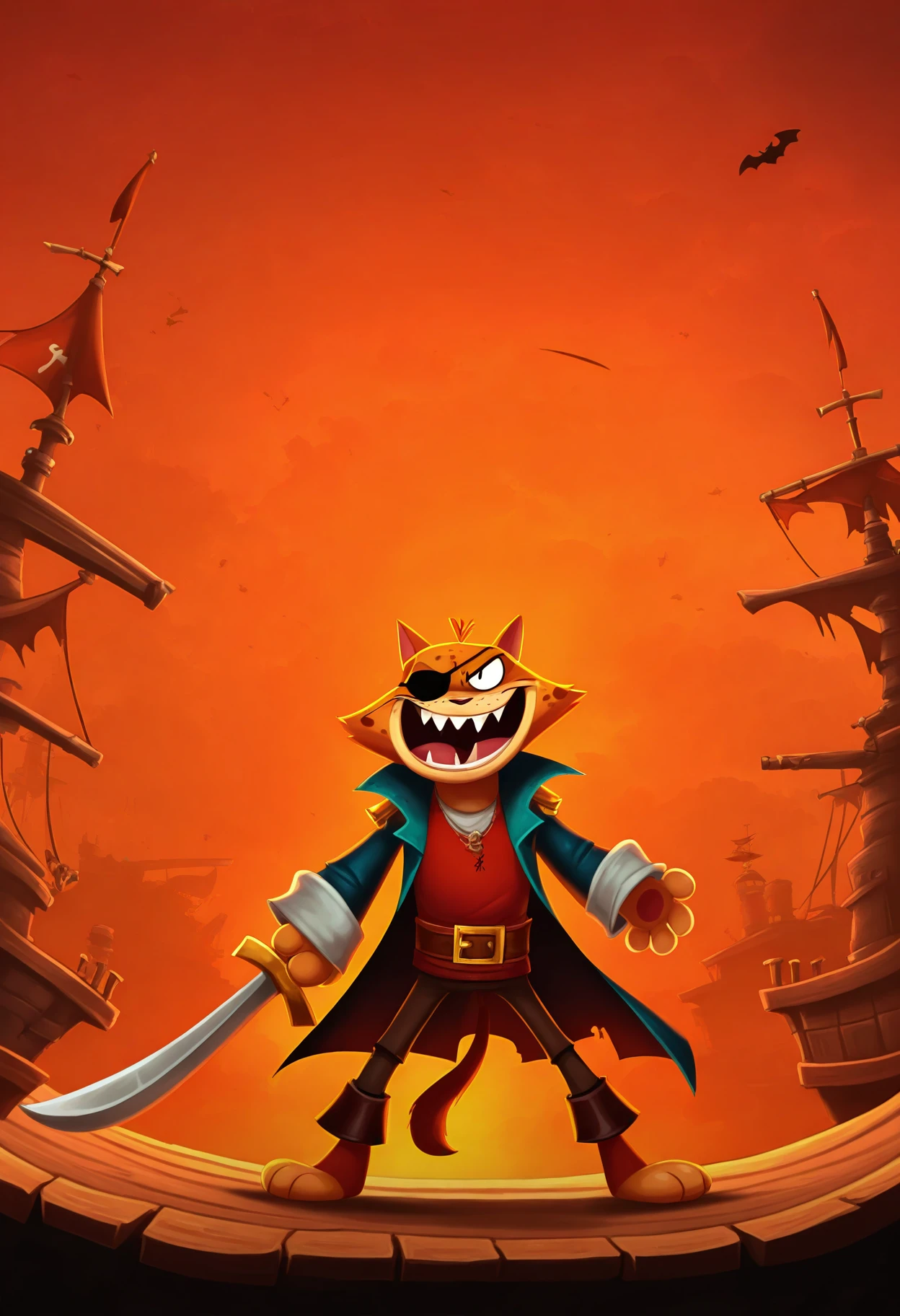 masterpiece, best quality, absurdres, very aesthetic, raymanstyle, 1boy, solo,  anthro, furry, cat, pirate captain, evil, fangs, eyepatch, paws, holding sword, cowboy shot, pirate ship background, 