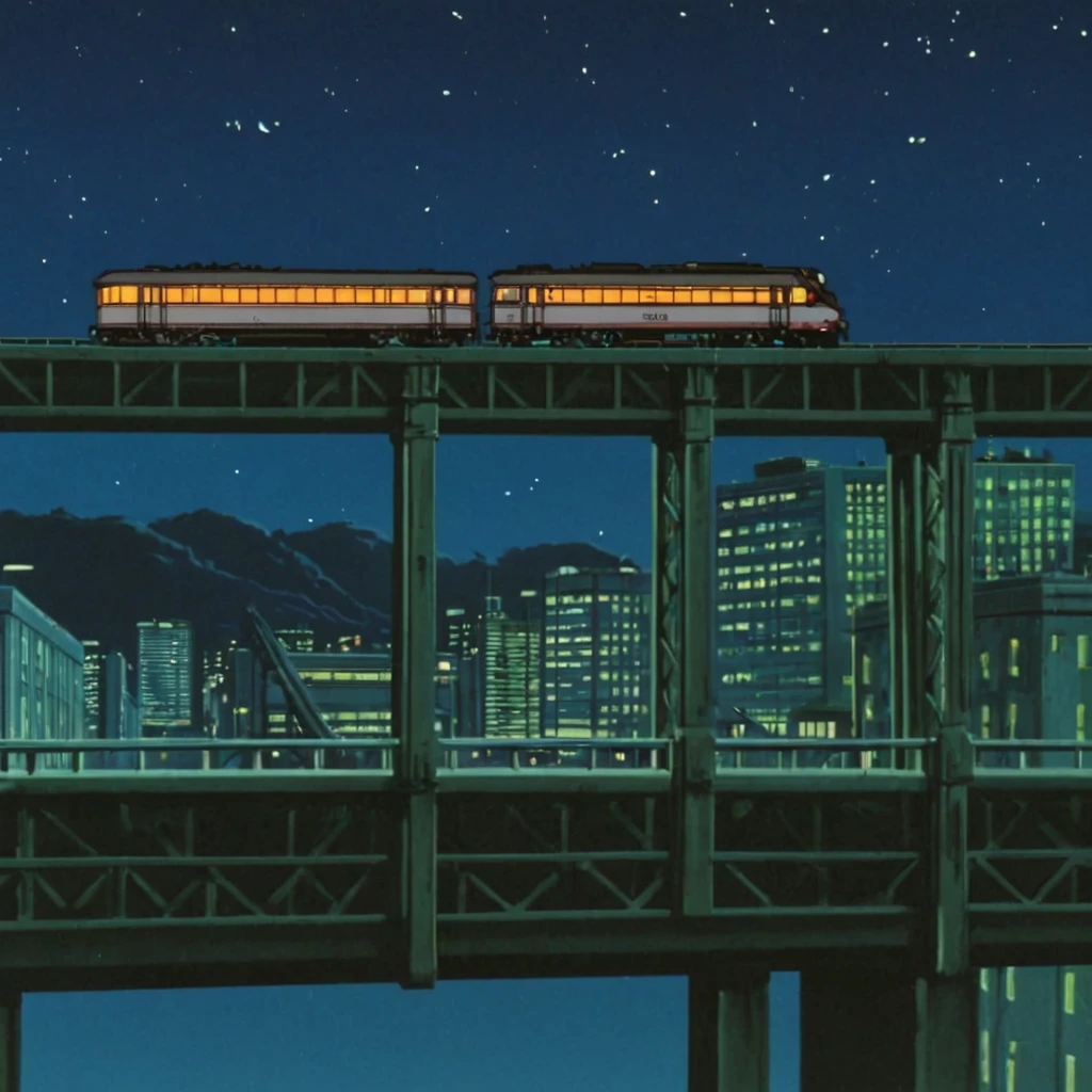 <lora:Riding Bean cartoon style v1:1>
In 1990's A cartoon of a train on a bridge with a sign on a building behind it at night, sharp image, detailed image, original video animation style, manga cartoon style, 1990's style, cinematic style, perfect cartoon style, outdoors, sky, no humans, night, building, star (sky), night sky, scenery, train, train station, profile