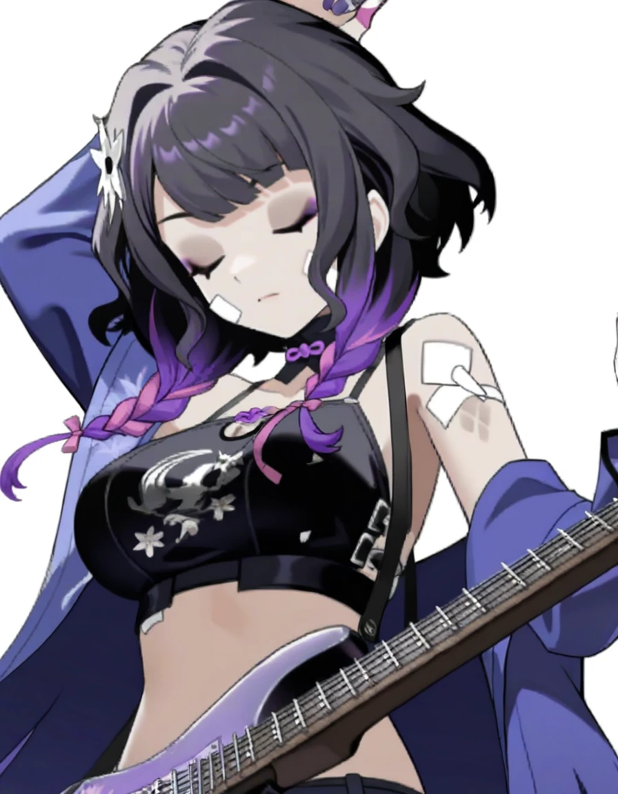 xytx-yelai,1girl,solo,tachi-e,closed eyes,instrument,bandaid,multicolored hair,black hair,guitar,transparent background,crop top,hair ornament,purple hair,braid,holding,hair intakes,bandaid on face,breasts,upper body,jacket,off shoulder,closed mouth,eyeshadow,bandages,purple nails,makeup,white background,twin braids,plectrum,simple background,gradient hair,<lora:yelai_noob:1>,masterpiece,best quality,very aesthetic,absurdres,