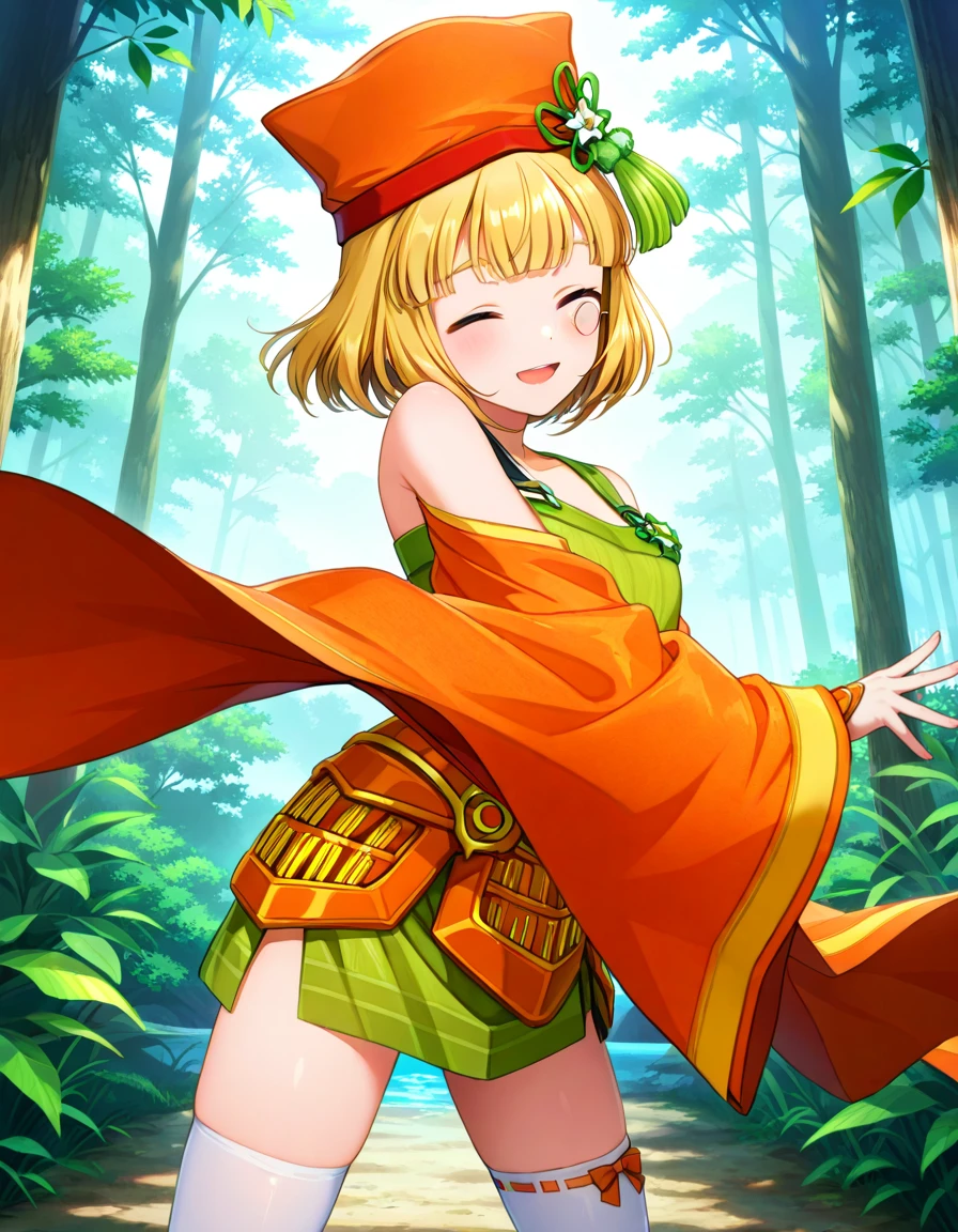 sen_no_rikyu_(sengoku_otome), blonde hair, monocle, orange hat, closed eyes, short hair,
orange detached sleeves, dress, white thighhighs, asymmetrical legwear, sandals, geta,
<lora:sen_no_rikyu_(sengoku_otome)_Illustrious-XL_v1:1>
standing, dynamic pose ,
open mouth, light smile,
looking at viewer,(cowboy shot:1.3),
outdoors,forest, 1girl,solo,dynamic_lighting
masterpiece, best quality,newest