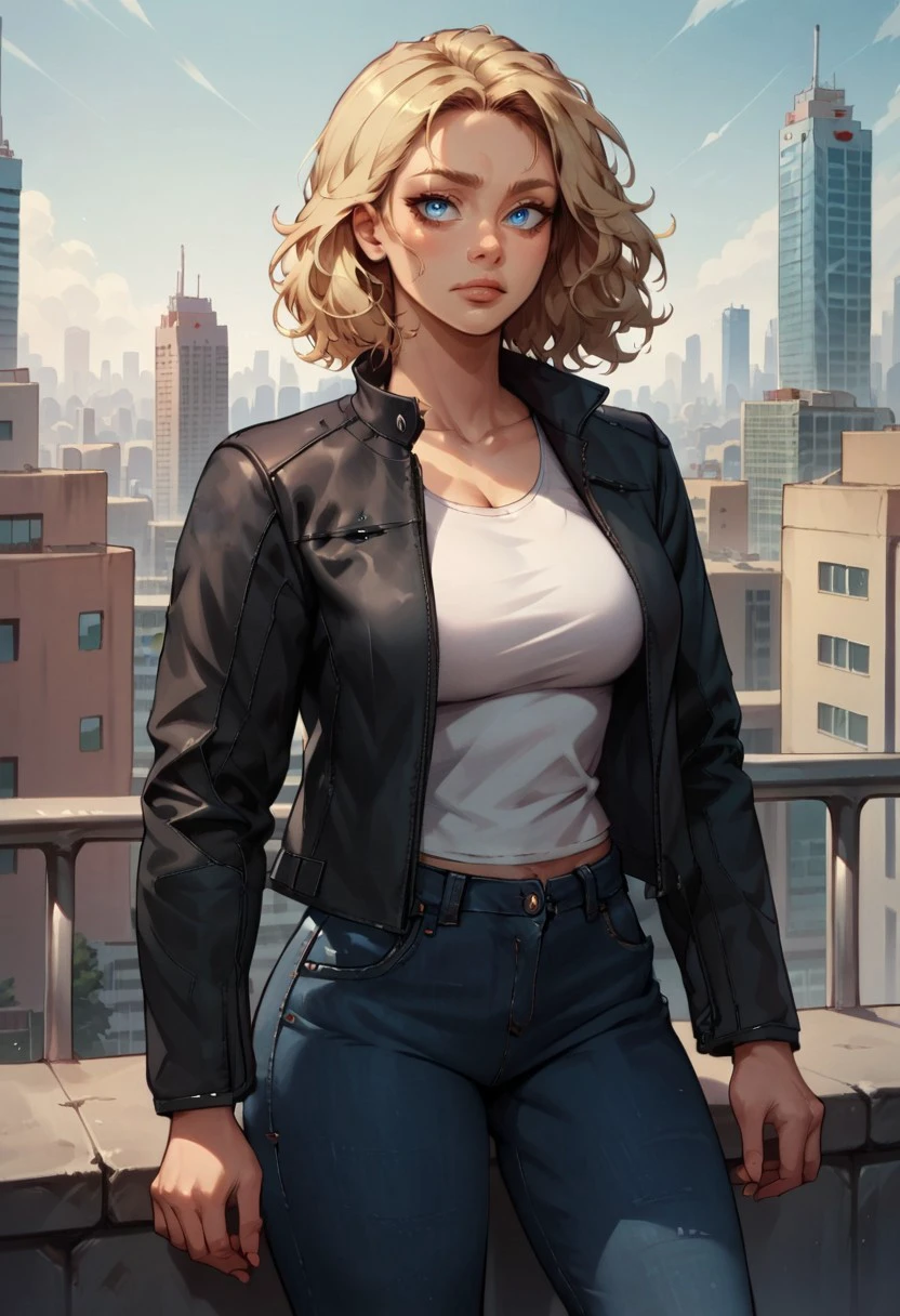 score_9, score_8_up, score_7_up, score_6_up, 1girl, medium blonde hair, side parted hair, blue eyes, big breasts, unzipped lthr1 jacket, jeans, on rooftop, skyline, sitting, portrait