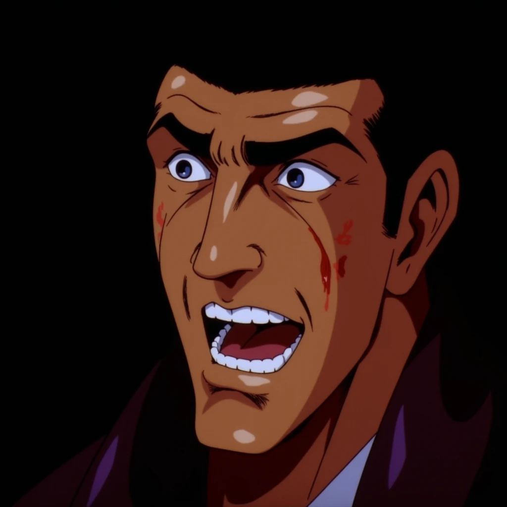 cinematic film still of  <lora:Golgo13 v1:0.5>
Golgo13 a cartoon character with a surprised face and grin in his mouth and wide eyes, perfect image, perfect body, perfect anatomy, sharp image, detailed image, cinematic style, high quality image, Duke Togo style, solo, black hair, sweat, teeth, black eyes, blood, parody, black background, clenched teeth, looking at viewer, portrait, manga style, shallow depth of field, vignette, highly detailed, high budget, bokeh, cinemascope, moody, epic, gorgeous, film grain, grainy