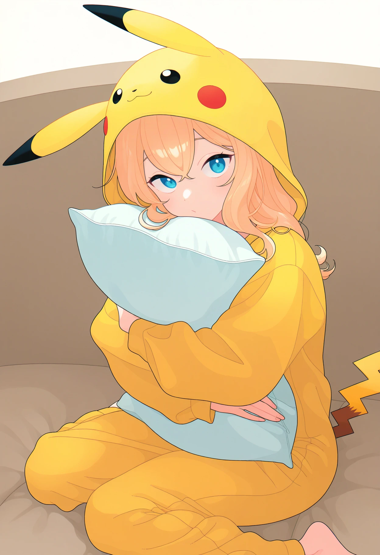 (masterpiece, very aesthetic:1.2), livingroom, couch
BREAK 1girl, leandernai, pajamas, hood, pikachu cosplay, yellow onesie, long sleeves, snuggling, pillow hug
<lora:Leander_NAIXL_v10:0.8>