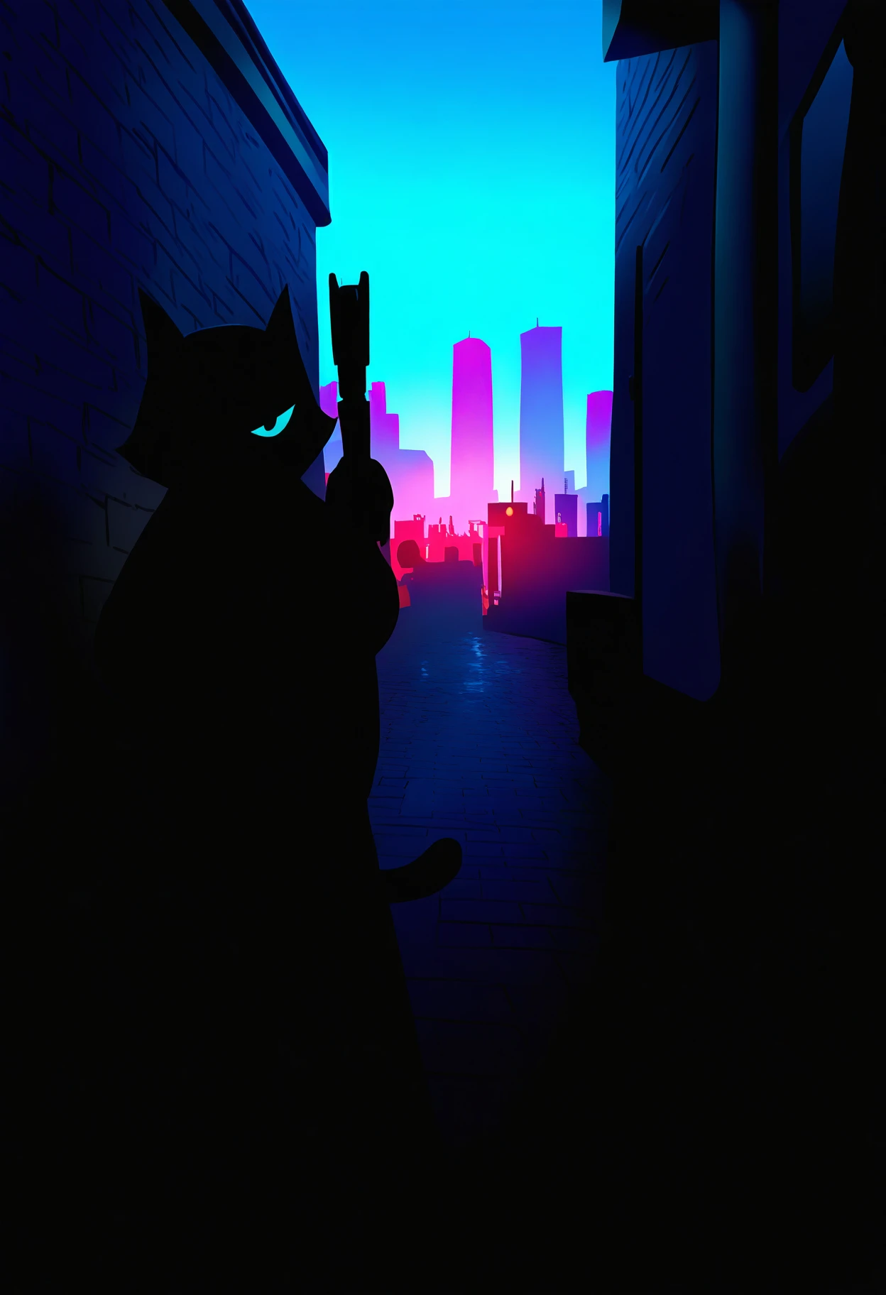 masterpiece, best quality, absurdres, very aesthetic, raymanstyle, 1other, solo, cat, pistol, holding, aiming at viewer, city, alley background