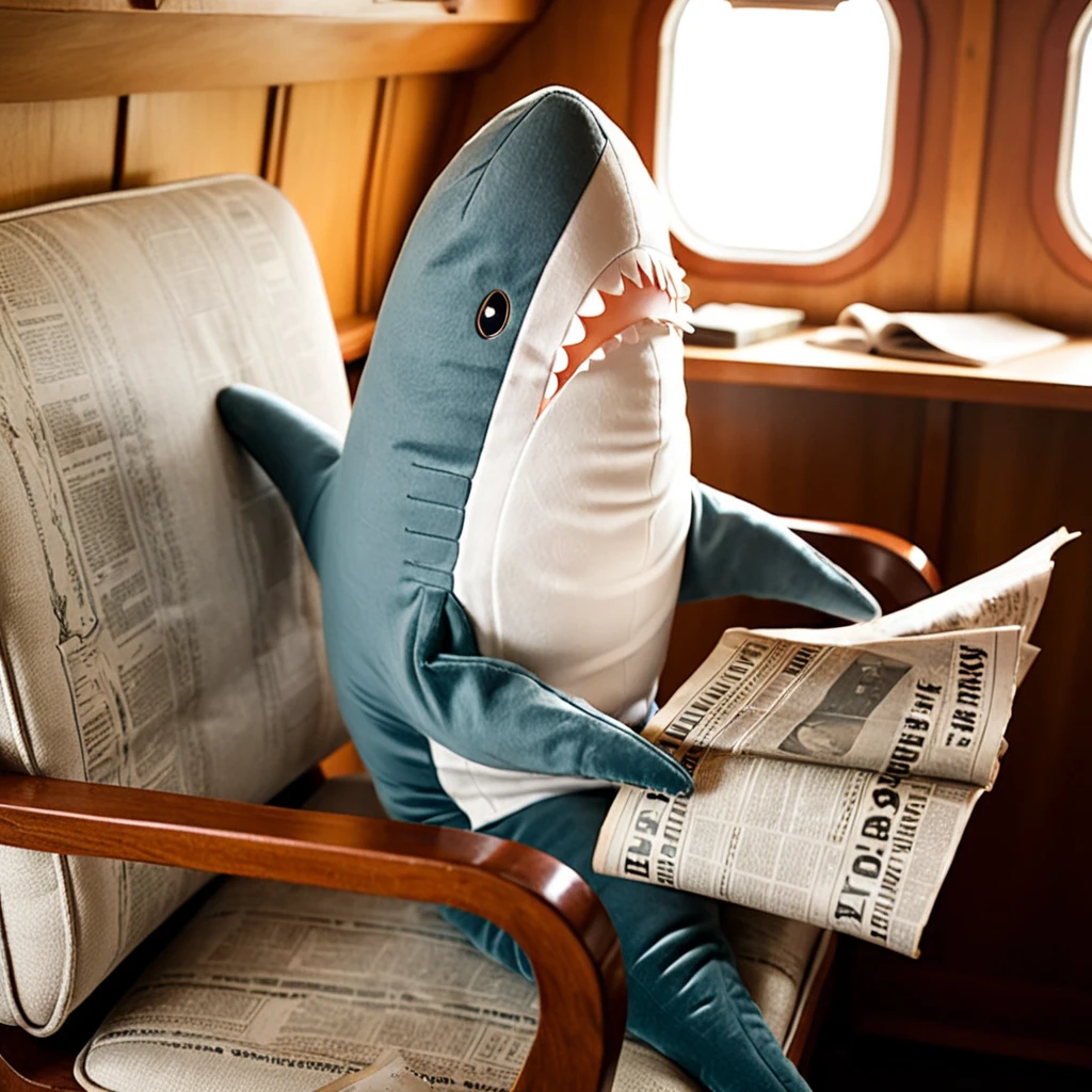 vintage, sunlit, blahaj toy shark sitting on a chair in the 1930s zeppelin cabin, reading a newspaper, muted color