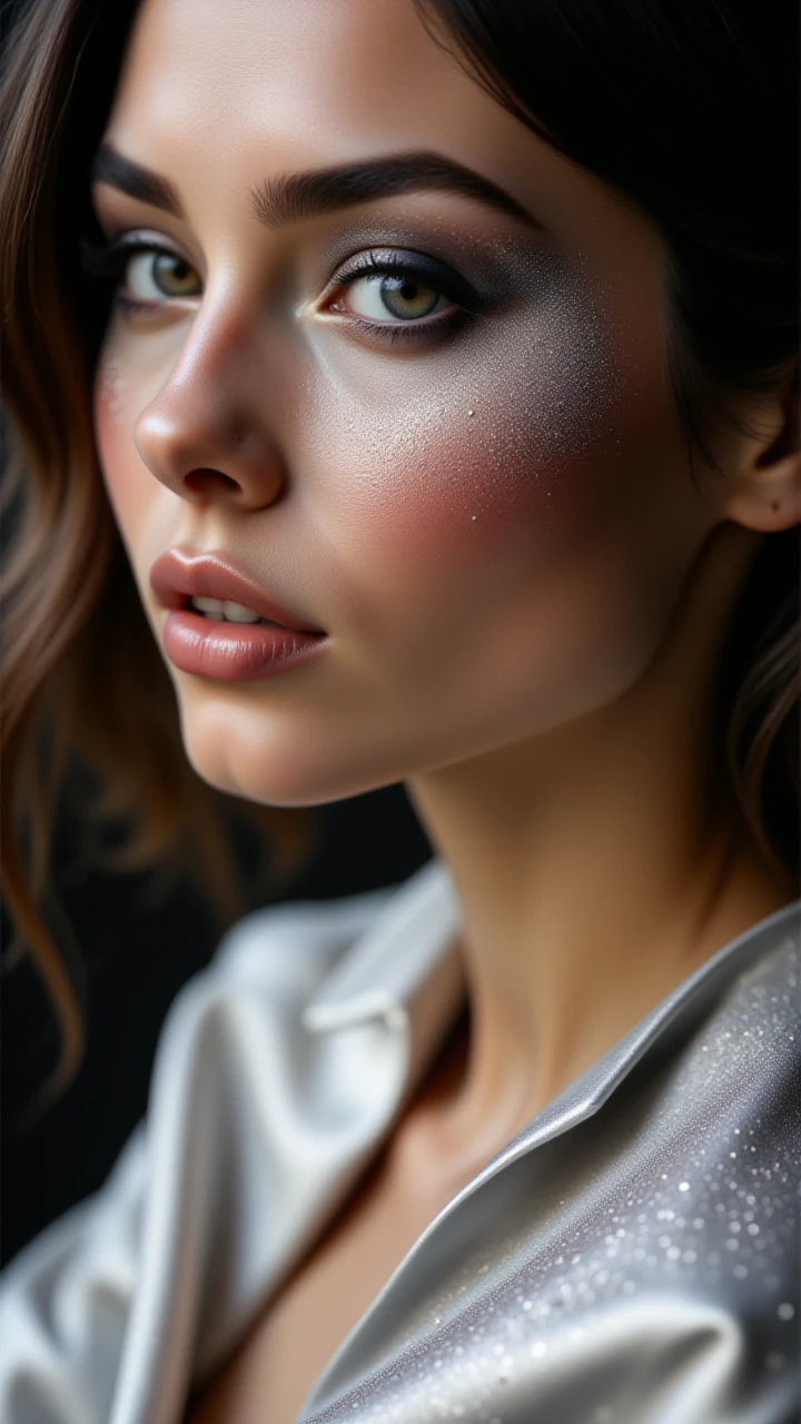 Close-up of a model in a silver silk top, her skin adorned with tiny sparkles that catch the light. Her eyeshadow is a smoky gray with silver flecks, while her lips have a glossy finish. The background is blurred, allowing the sparkles to shine,<lora:BetterPortraits:1>