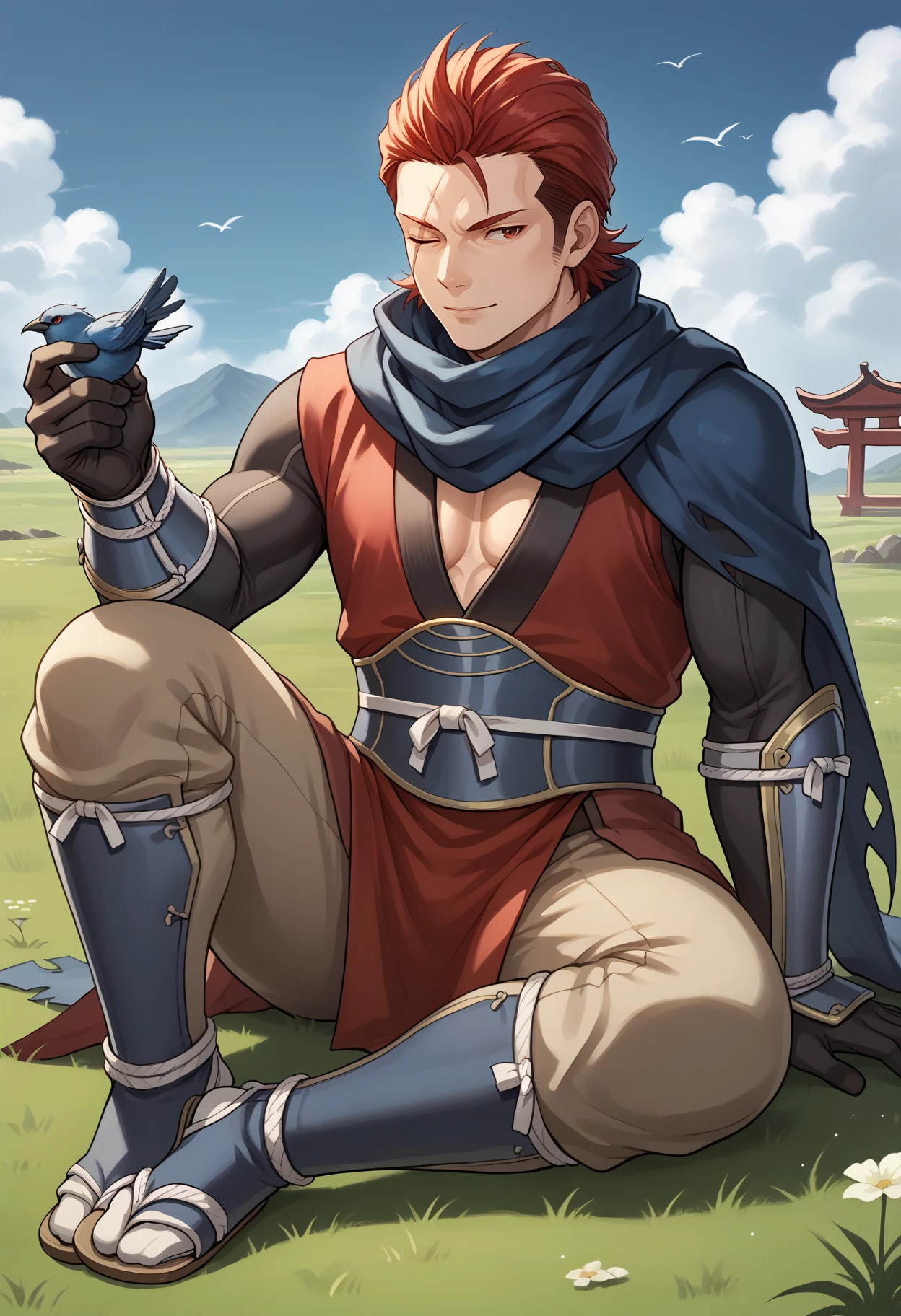 score_9, score_7_up, source_anime, 1boy, sitting, knee up, on ground, looking to the side, holding bird, <lora:SaizoFE-pdxl:1> saizo, red hair, short hair, red eyes, one eye closed, scar across eye, smile, blue scarf, japanese clothes, pectorals, vambraces, pectoral cleavage, sash, black gloves, tabi, grass, cloud