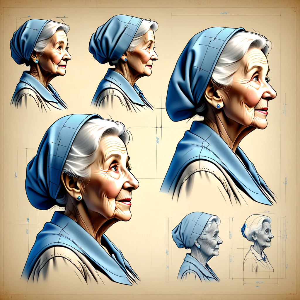 A blueprint of elderly woman, technical drawing, Concept art, three-side view, 3D rendering, detailed background, detailed shading