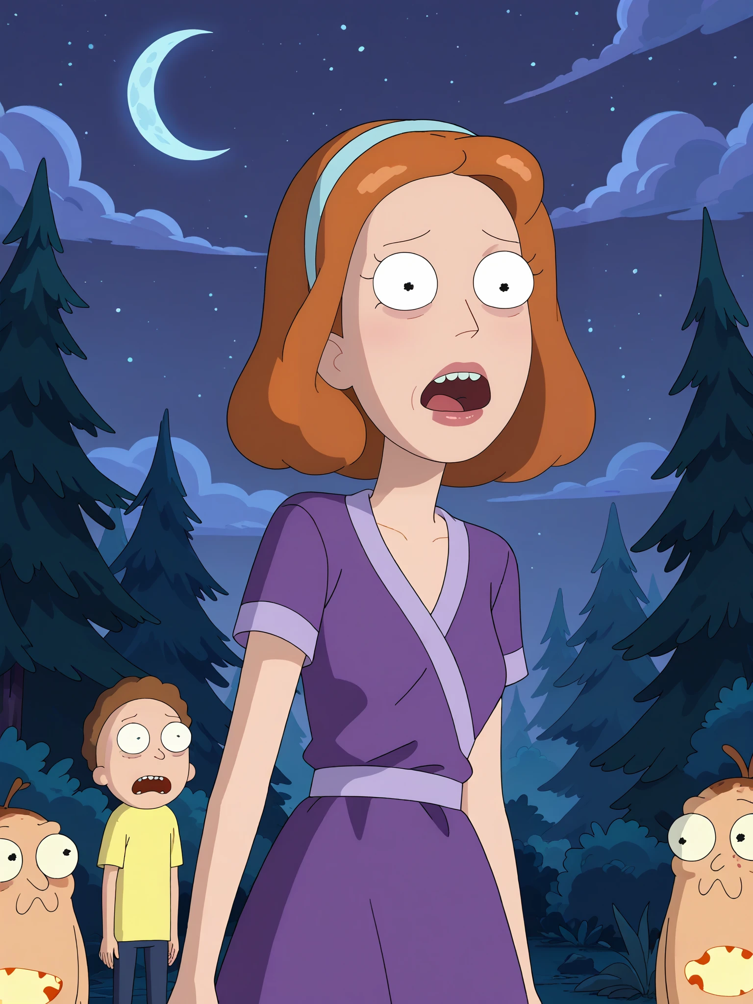 <lora:Rick_and_Morty_Style:1>, Rick_and_Morty_Style, toon \(style\), score_9, score_8_up, score_7_up, score_6_up, spooky forest, night sky,
<lora:WhatsNewDaphne:0.6> WhatsNewDaphne, (score_9, score_8_up), purple dress, hair band, red hair, scared