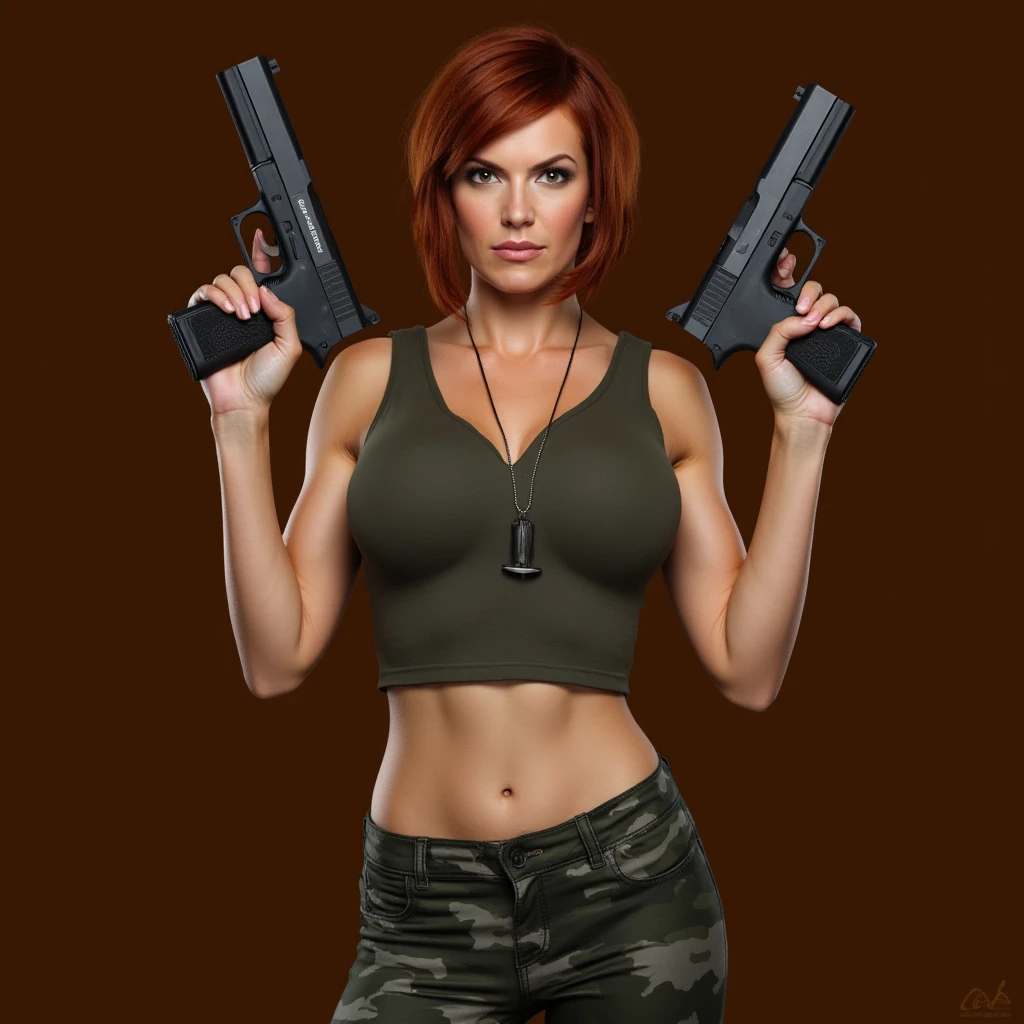 UHD, 4k, ultra detailed, cinematic, a photograph of  <lora:Command and Conquer style Red Alert v1:0.8>
red hair, Special Agent Tanya Adams a woman holding two guns in her hands, 1girl, solo, breasts, short hair, brown hair, navel, holding, cleavage, brown eyes, medium breasts, weapon, midriff, pants, signature, necklace, lips, crop top, gun, tank top, handgun, dual wielding, realistic, camouflage, dog tags Allied, American, US, Command & Conquer, Red Alert style, Command and Conquer style, jewelry, holding weapon, holding gun, brown background, dog tags, camouflage pants, glock
, epic, beautiful lighting, inpsiring
