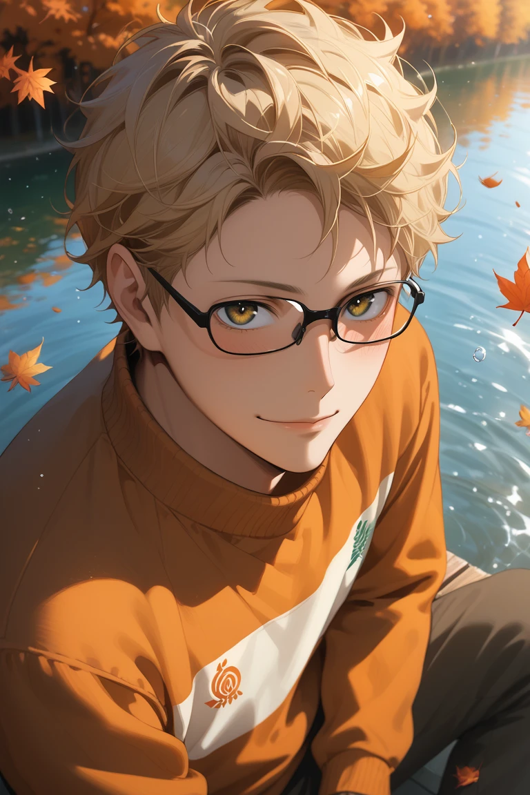 score_9, score_8_up, score_7_up, source_anime, rating_safe, day, natural lighting, autumn theme, autumn leaf, leaves, water, water ripple, male focus, looking up at viewer, sitting, smiling, expressive face, KeiHU, blonde_KeiHU_short hair, black_KeiHU_glasses, brown_KeiHU_eyes, closed mouth, autumn clothes, sweater, pants, manly, 1boy, blurry outdoors, from above, dutch angle, intricately detailed illustration, atmospheric perspective, depth of field