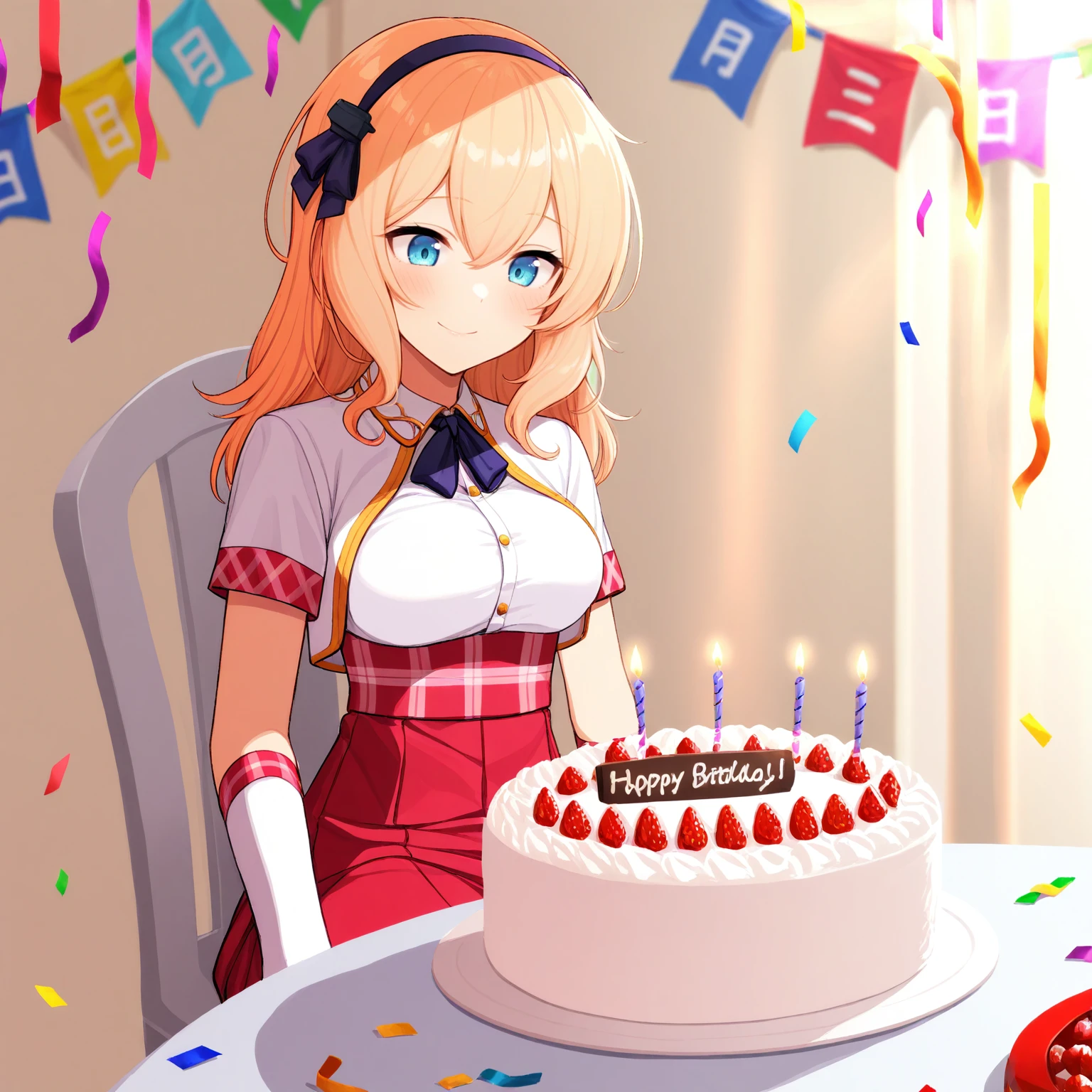 safe, (masterpiece, very aesthetic:1.2), outside, birthday party, table, streamers, sunlight, confetti, balloons
BREAK 1girl, leandernai, hairband, long hair, blonde, blue eyes, white jacket, white shirt, purple neck ribbon, red skirt, high-waist skirt, white gloves, elbow gloves, fingerless gloves, sitting, chair, behind table, birthday cake, looking down, relaxed, shy smile, blush, happy
<lora:Leander_NAIXL_v10:0.8>