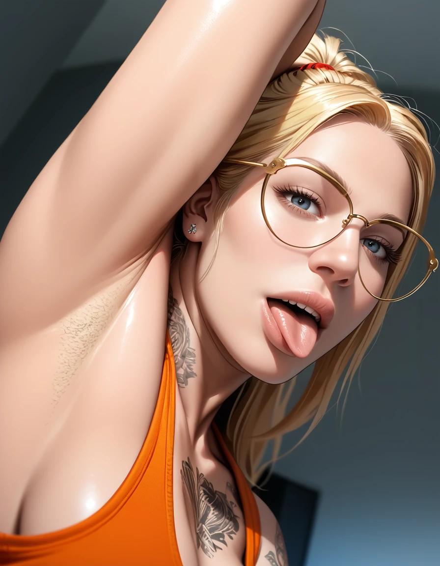 score_9, score_8, score_7_up, solo, indoors, 
1girl, <lora:Jessica_Waterson:.8> jessica, blonde hair, ponytail, large breasts, tan, sleeve tattoo, open mouth, tongue out, tank top, one arm up, armstb, armpit stubble, looking at viewer, <lora:StS_age_slider_v1_initial_release:2> <lora:Armpit_Stubble:1>