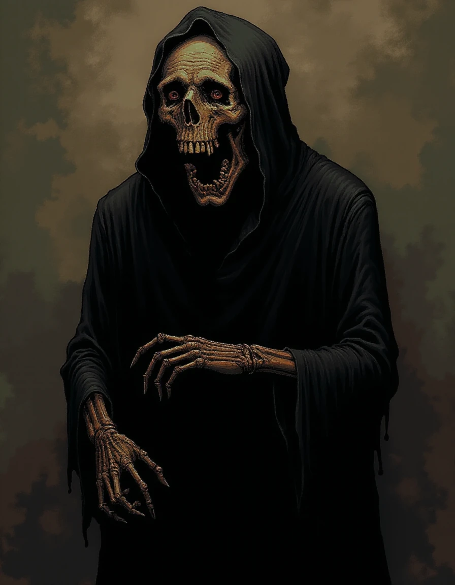 <lora:Surreal Fantasy:1> weirdfantasy, a skeleton in a black cloak, creepy