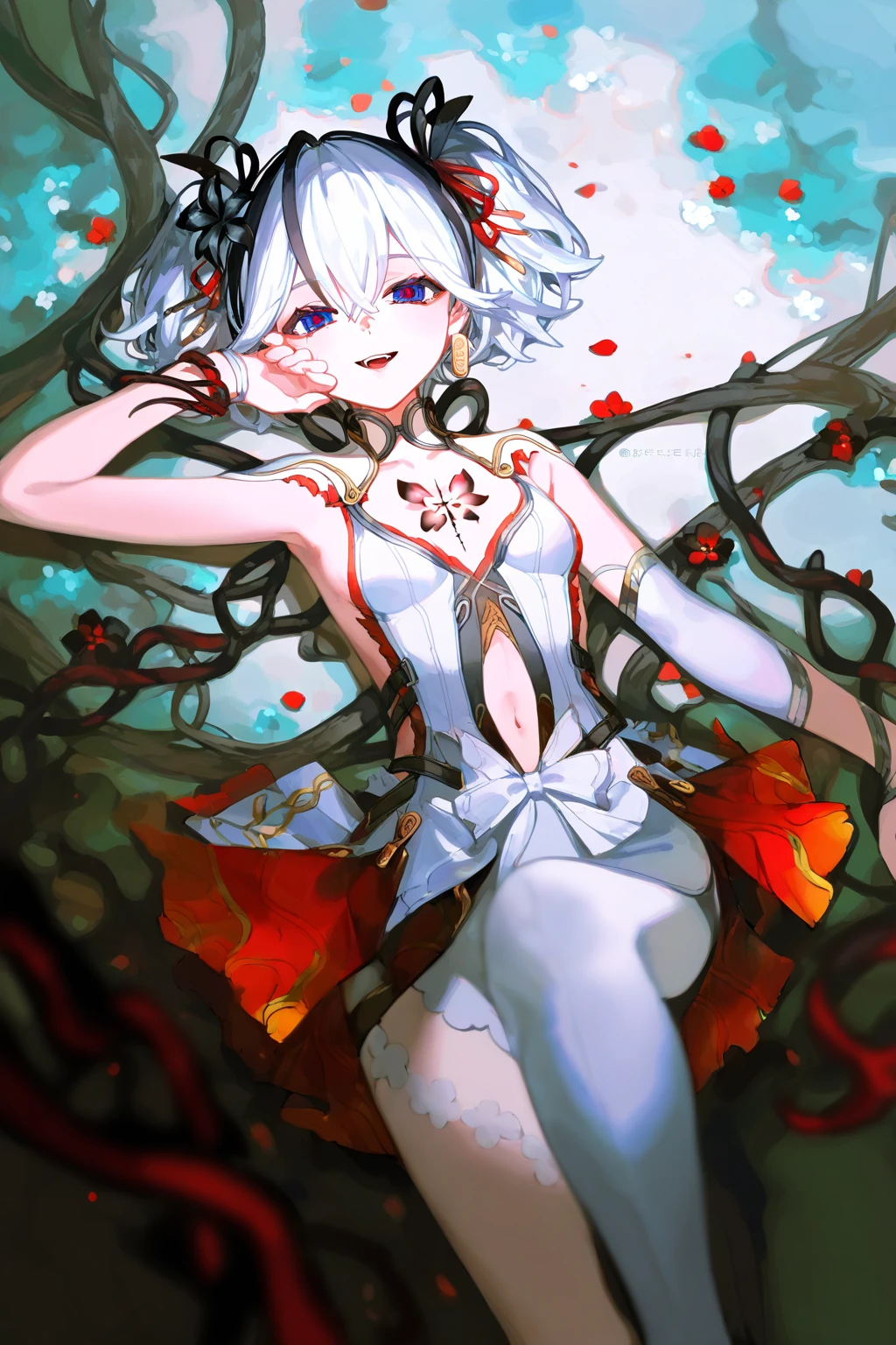 young man, (((male))), (((man))), (((one person))), single, solo, (((white colored hair))), (((red colored eyes))), ((blood red colored eyes)), (medium short hair), (((grey colored skin))), wavy hair, slim figure, ((flat chest)), ((wearing fantasy clothes)), fantasy style, (((wearing flowers in his hair))), ((pointy ears)), ((spiderlily flowers)), (sunny weather), smiling, dark red colored flowers, thorns, spikes, warm light, gold colored details, wearing a shirt