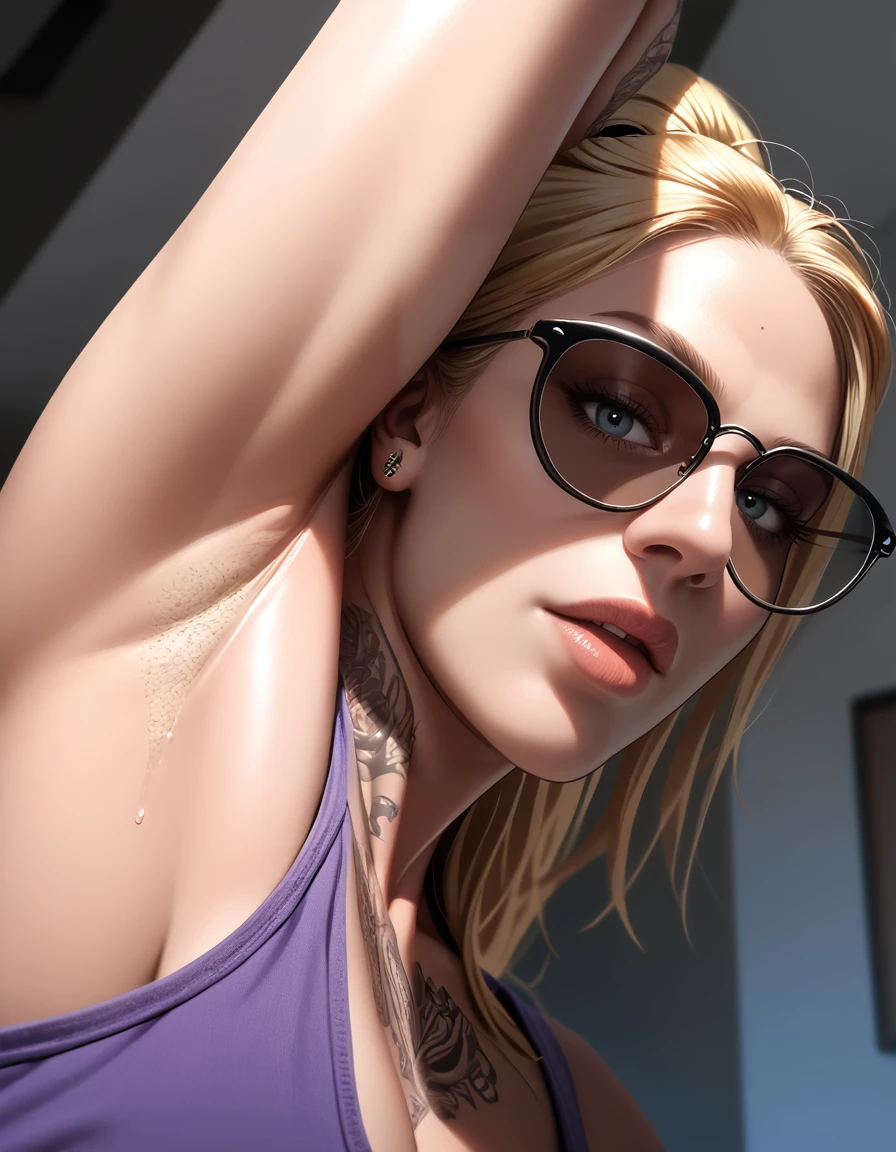 score_9, score_8, score_7_up, solo, indoors, 
1girl, <lora:Jessica_Waterson:.8> jessica, blonde hair, ponytail, large breasts, tan, sleeve tattoo, tank top, one arm up, armstb, armpit stubble, looking at viewer, <lora:StS_age_slider_v1_initial_release:2> <lora:Armpit_Stubble:1>