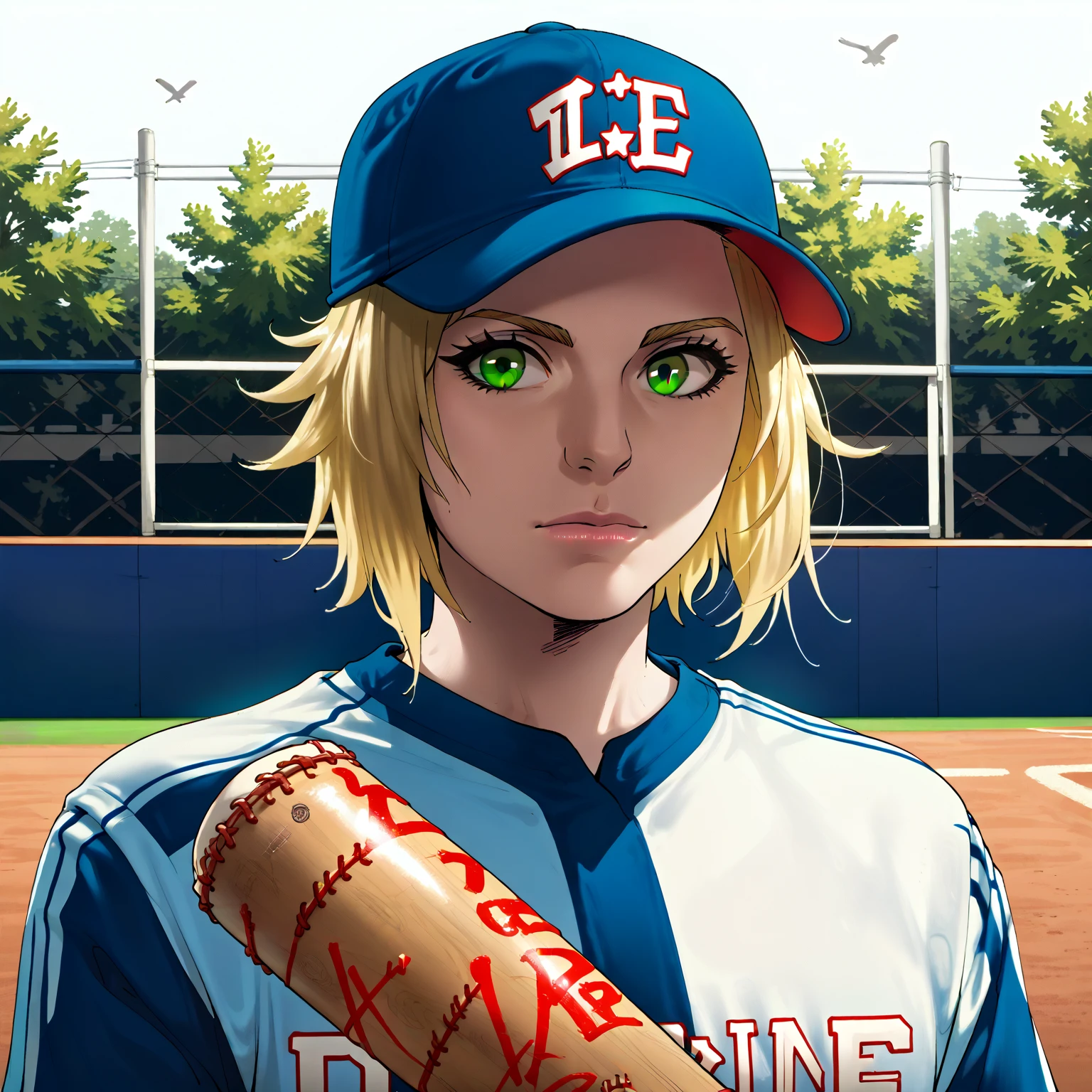 rating_safe, score_9, score_8_up, score_7_up, score_6_up, score_5_up, score_4_up, highres, incredibly absurdres, highly detailed, dim lighting, closed mouth, outdoors, solo, BREAK
jellooanh, brown eyes, short hair, blonde hair, looking at viewer, baseball uniform, baseball cap, holding baseball bat, 
<lora:Jean_Hollywood:0.7>  <lora:echosaber:1> source_anime, echosaber