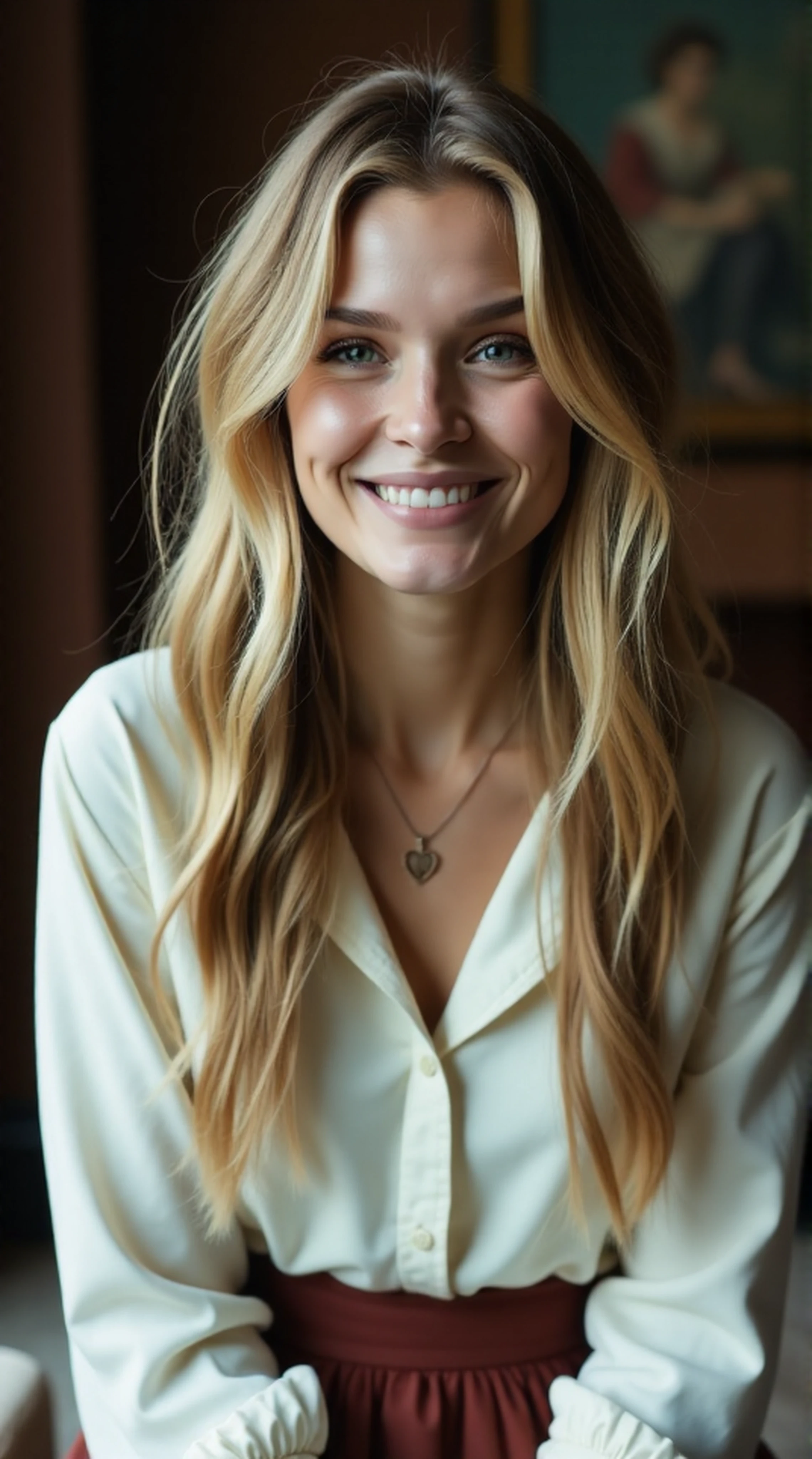 woman, long blonde wavy hair, smiling a RAW photo, 16mm film, artistic full color, serene and intimate portrait, subject sits in the center of the frame, subject has perfect posture, they directly face the viewer with their eyes locked onto the camera, they wear a cotton dress shirt, buttoned-up all but the topmost button, wearing a heart necklace which adds a touch of elegance to the overall appearance, soft, blurred background along with the soft lighting create a cozy atmosphere, drawing the viewer's attention to the subject's serene expression, the overall effect is one of calm and introspection, inviting the viewer to step into their world, in the background you will find the typical items found in an 18th London sitting room.