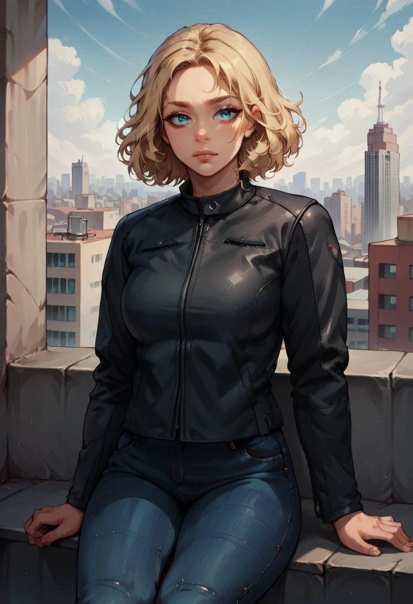 score_9, score_8_up, score_7_up, score_6_up, 1girl, medium blonde hair, blue eyes, big breasts, lthr1 jacket, jeans, on rooftop, skyline, sitting, portrait