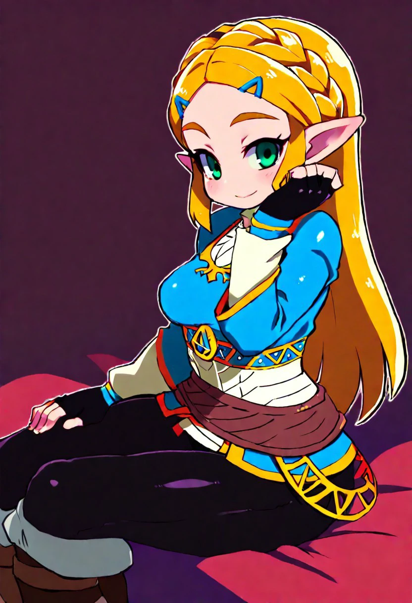 (view from back), in the Home theater, (Realistic:1.5) solo EdobLOZSpiritTracksZelda, Lying on stomach with head propped up on hands, big breasts <lora:EdobLOZSpiritTracksZelda_v1.2:0.8>