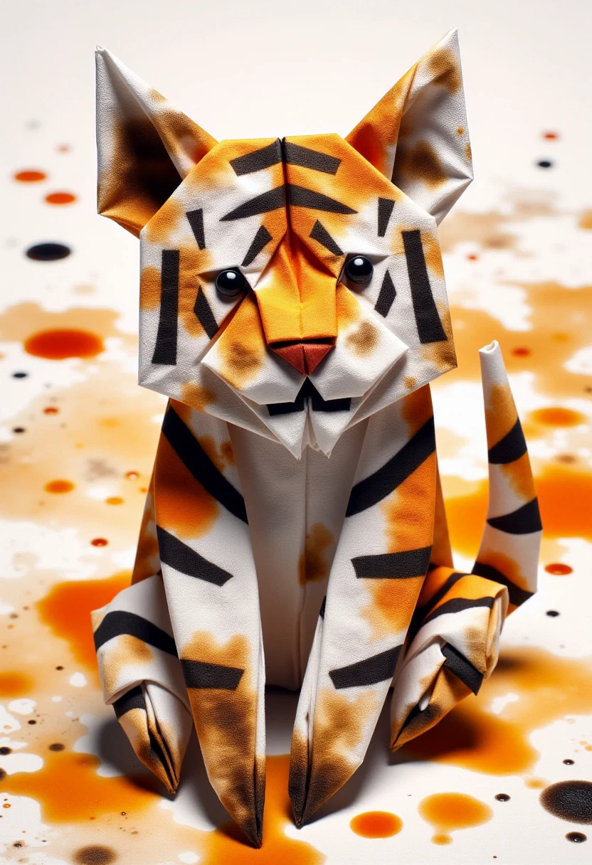 <lora:Napkin_Origami_Orchestrator_FLUX:0.8>
This is a photograph featuring an origami tiger made from a single paper napkin. The tiger is intricately folded with a white base color, splattered with a variety of orange and black stains, giving it a unique, artistic appearance with  oranges and black ink in the background.