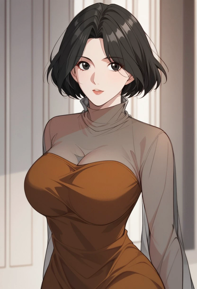 score_9, score_8_up, score_7_up, BREAK, WuYurong, black hair, short hair, black eyes, large breasts, OrangeDress, brown dress, short dress, see-through, tutleneck, 1girl, solo,