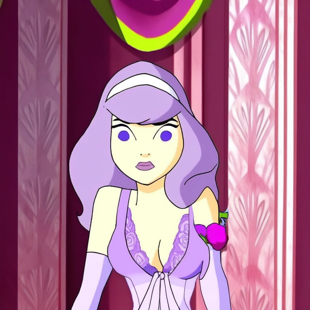 and wears a white headband. Her eyes are a striking blue, almond-shaped purple eyes with long, featuring a character with a vibrant, giving an expression of intense focus or emotion., featuring a stylized character with a playful and confident demeanor. The character is a young woman with long, cascading down her back. Her skin is fair, lavender-colored lingerie set with a plunging neckline that accentuates her ample breasts.