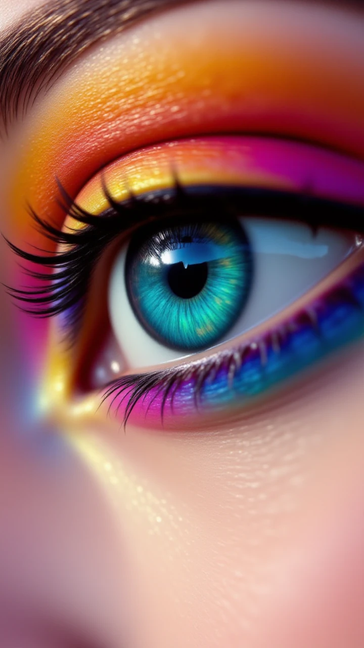 a close up of an eye with rainbow makeup,  <lora:BetterPortraits:1>