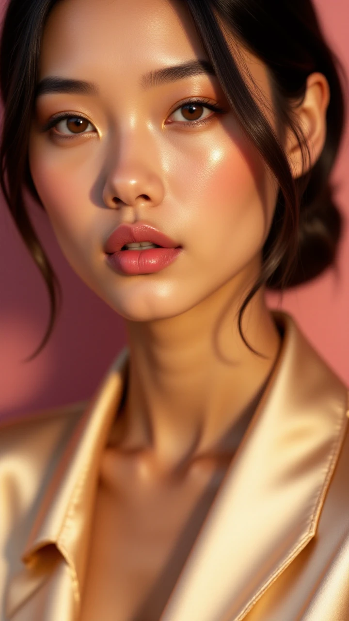 Close-up of a model in a champagne-colored silk blouse, her skin illuminated with golden highlighter. Her lips are a soft pink, her eyeshadow is shimmery, and the background is a blurred mix of soft pinks and gold, giving an ethereal, luxurious feel,<lora:BetterPortraits:1>