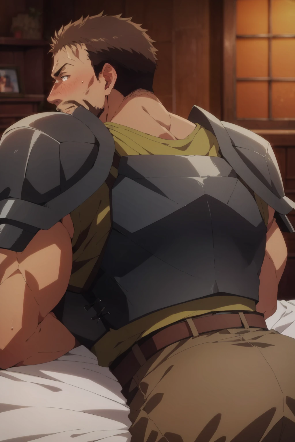 score_9,score_7_up,score_6_up,score_5_up,score_4_up, content_explicit, 1boy, solo, bara, muscular male, full-face blush, beard, lying on stomach, on stomach, back view, bedroom, on bed, armor, perfect anatomy, perfect proportions, best quality, masterpiece, high_resolution, high quality, best aesthetic, incredibly absurdres, highres, extremely detailed, huge filesize, source_anime \(Let This Grieving Soul Retire!\), sharp shadows, direct lighting, vibrant colors, glow effect, bloom, edge color fringing, chromatic aberration, <lora:add-detail-xl:1>, <lora:Anime Summer Days 2 Style SDXL_LoRA_Pony Diffusion V6 XL:0.8>, <lora:Greg_Zangief_-_Let_This_Grieving_Soul_Retire:1>, Greg Zangief