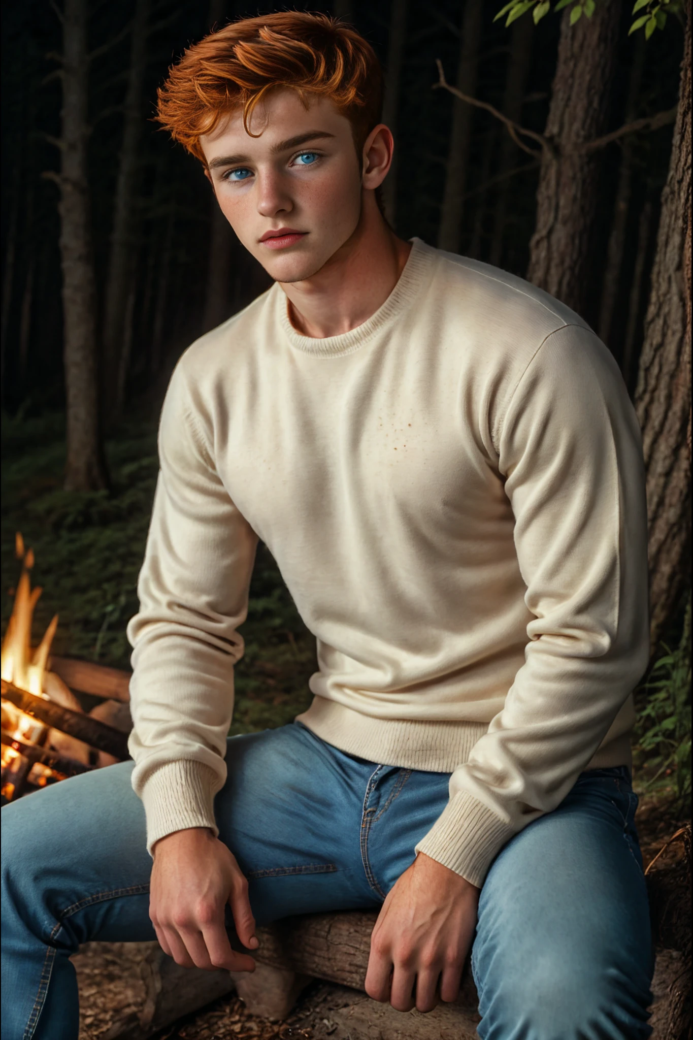 <lora:Red_Westwood_v1_GV:1> 1boy, vivid blue eyes, twink, vivid red hair, freckles, 21 years old, Masterpiece, photo-realistic, Crystal clear, highly detailed, An incredibly attractive, stunningly handsome young twink, wearing a sweater and jeans, sitting near a bonfire in a dark forest at night.