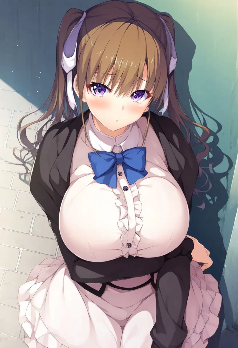 (Highest quality), (masterpiece), 1080P, High resolution, 4K, 8K, ((Maid clothes)), ((Bunny ears)), Black ruffles, Shooting from directly above, Sweat, ((White panties)), string, tie, To achieve this, ((~ side)), show your ~ side, Spread your legs, Nipples, Large Breasts, whole body, Embarrassed face, , Blunt bangs, bracelet, garter belt, Are standing, Off the shoulder